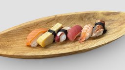 Sushi Boat Nigiri food, fish, woodworking, egg, shrimp, octopus, salmon, sashimi, sushi, nigiri, seafood, eel, tamagotchi, japanese-food, tako, unagi, japanese, boat, sushiboat