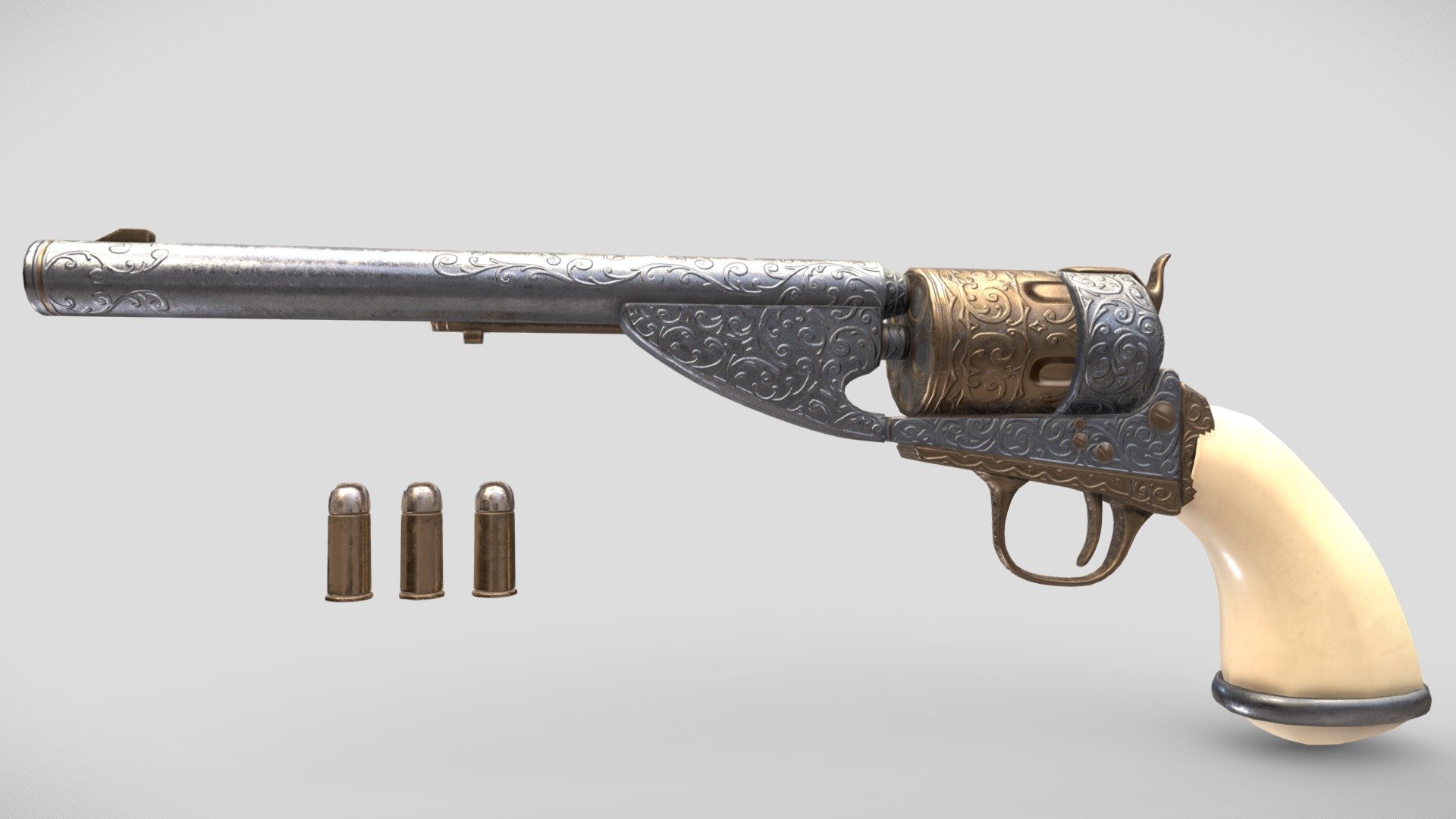 GAME READY Revolver and bullets!

Hand-made ornaments
A cool, fancy and ornamented revolver
Perfect for wild west based games - Ornamented Revolver - Buy Royalty Free 3D model by Jaton24 3d model