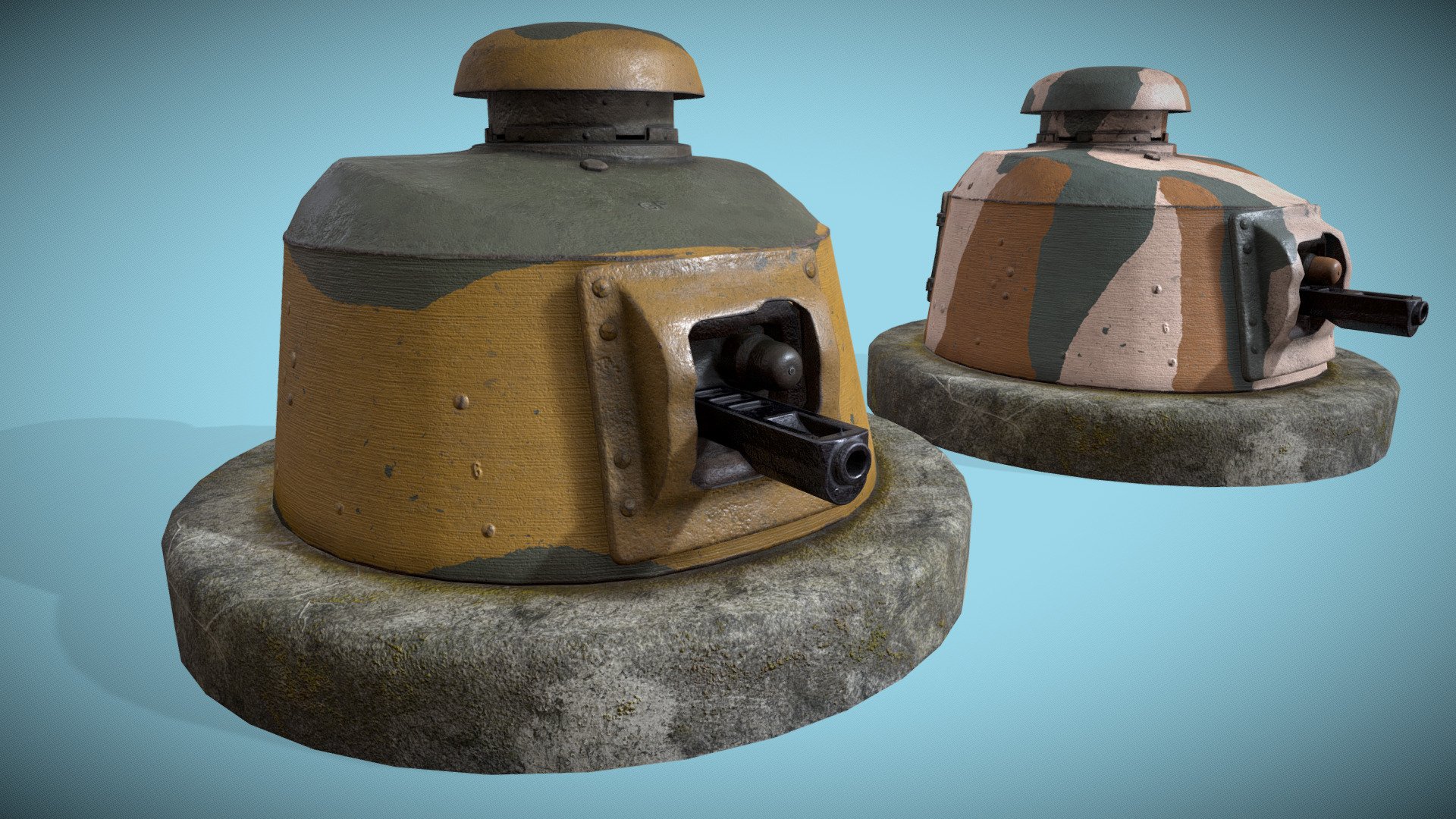Before World War 2, in some locations, old FT-17 tanks were buried in concrete along the maginot line, with only the Turrets above ground. These are intended to be anti-infantry emplacements and have no weaponry capable of engaging WW2 tanks.

Additional files zip includes all uncompressed PNG files as well as a alternate version with differently weighted normals and slightly altered geometry for optimal cycles rendering 3d model