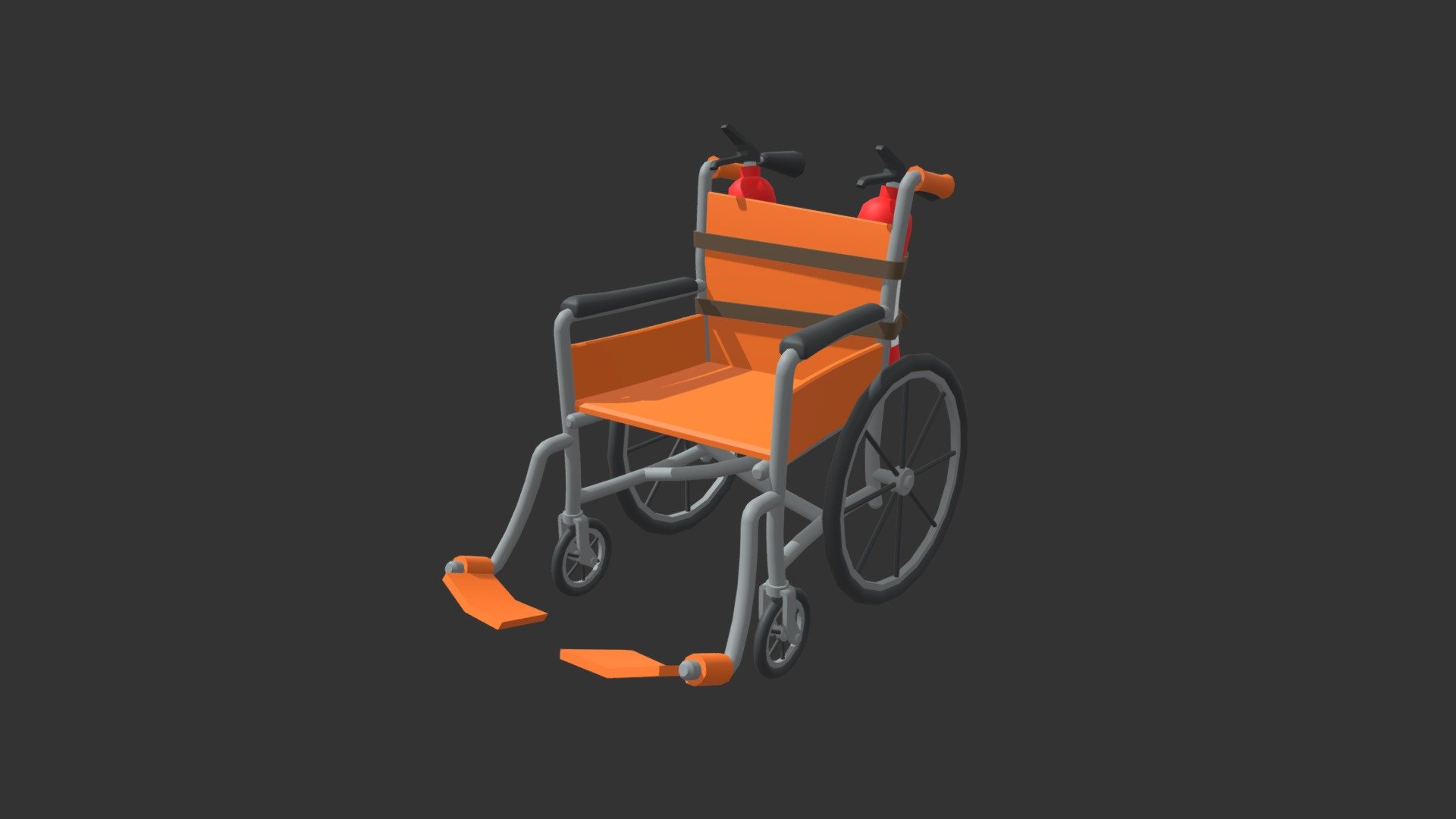 A model I made for a game project for my study. We had two weeks to make a game with a custom controller. We decided to strap buttons to a chair and make you play as an old guy in a weelchair within a retirement home.

This model is the wheelchair the main character sits in. It is inspired by the art made by David Puerta 3d model