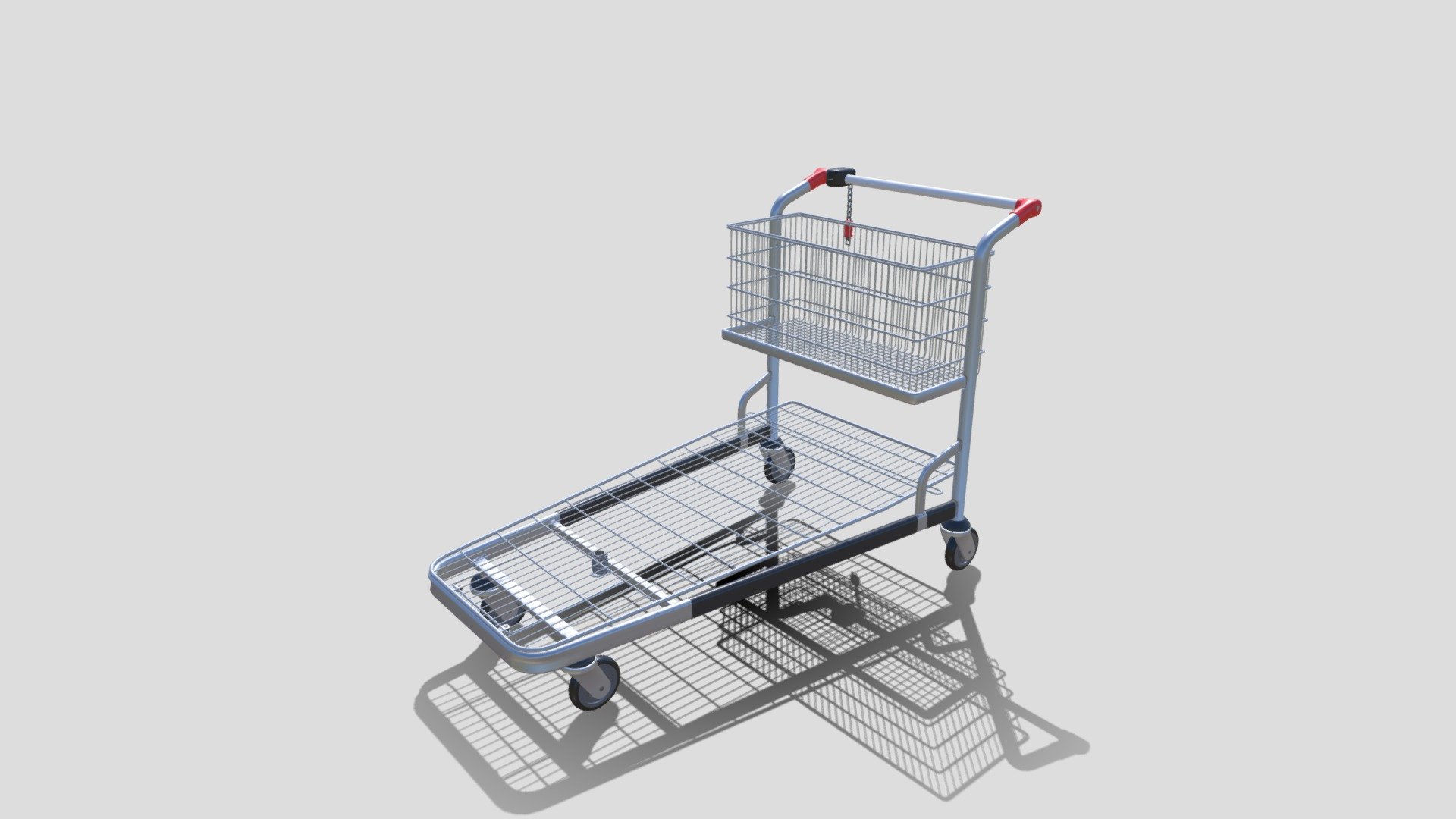 Shopping cart 3d model rendered with Cycles in Blender, as per seen on attached images. 
The model is scaled to real-life scale.

File formats:
-.blend, rendered with cycles, as seen in the images;
-.obj, with materials applied;
-.dae, with materials applied;
-.fbx, with material slots applied;
-.stl;

Files come named appropriately and split by file format.

3D Software:
The 3D model was originally created in Blender 2.8 and rendered with Cycles.

Materials and textures:
PBR material is being used, consisting of five 4k image textures (Base/Disp/Metallic/Normal/Roughness). 
Certain 3d softwares can possibly need texture re-assigning in order to get the proper material effect.

Preview scenes:
The preview images are rendered in Blender using its built-in render engine &lsquo;Cycles'.
Note that the blend files come directly with the rendering scene included and the render command will - Shopping cart v1 - Buy Royalty Free 3D model by dragosburian 3d model
