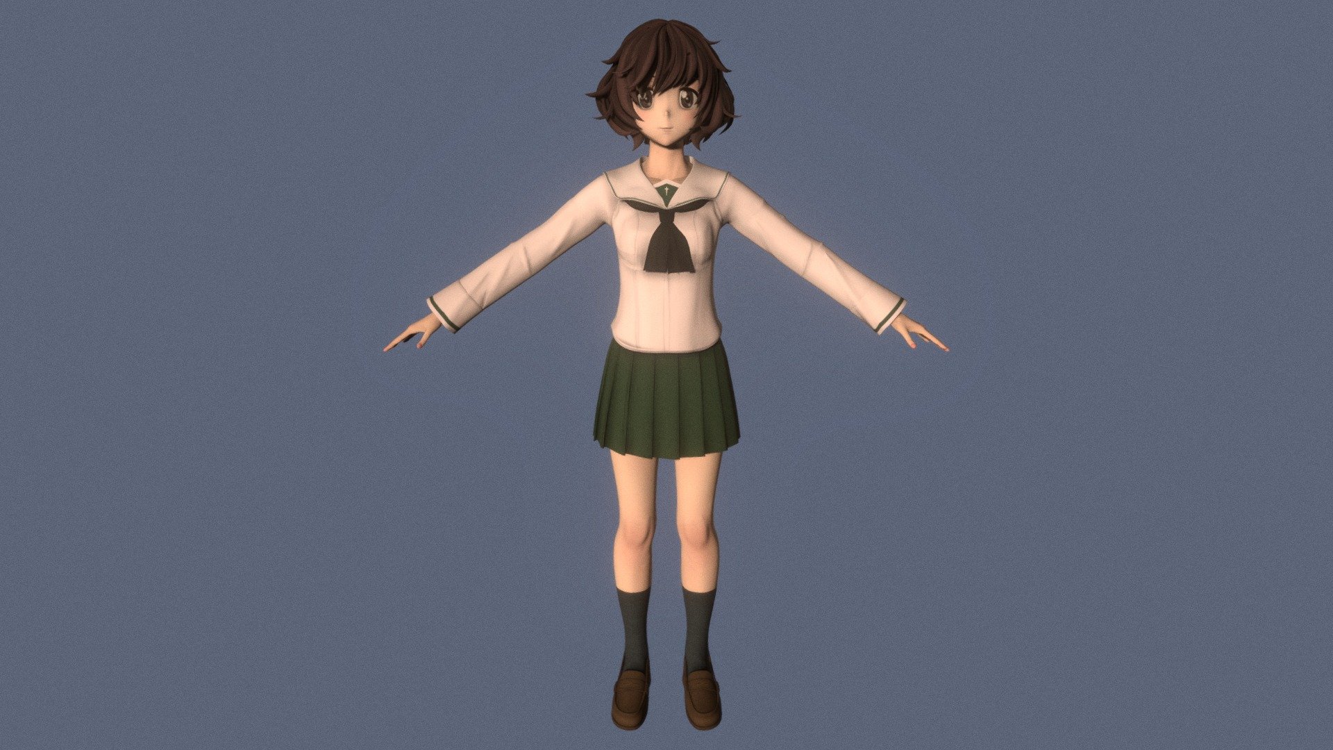T-pose rigged model of anime girl Yukari Akiyama (Girls und Panzer).

Body and clothings are rigged and skinned by 3ds Max CAT system.

Eye direction and facial animation controlled by Morpher modifier / Shape Keys / Blendshape.

This product include .FBX (ver. 7200) and .MAX (ver. 2010) files.

3ds Max version is turbosmoothed to give a high quality render (as you can see here).

Original main body mesh have ~7.000 polys.

This 3D model may need some tweaking to adapt the rig system to games engine and other platforms.

I support convert model to various file formats (the rig data will be lost in this process): 3DS; AI; ASE; DAE; DWF; DWG; DXF; FLT; HTR; IGS; M3G; MQO; OBJ; SAT; STL; W3D; WRL; X.

You can buy all of my models in one pack to save cost: https://sketchfab.com/3d-models/all-of-my-anime-girls-c5a56156994e4193b9e8fa21a3b8360b

And I can make commission models.

If you have any questions, please leave a comment or contact me via my email 3d.eden.project@gmail.com 3d model