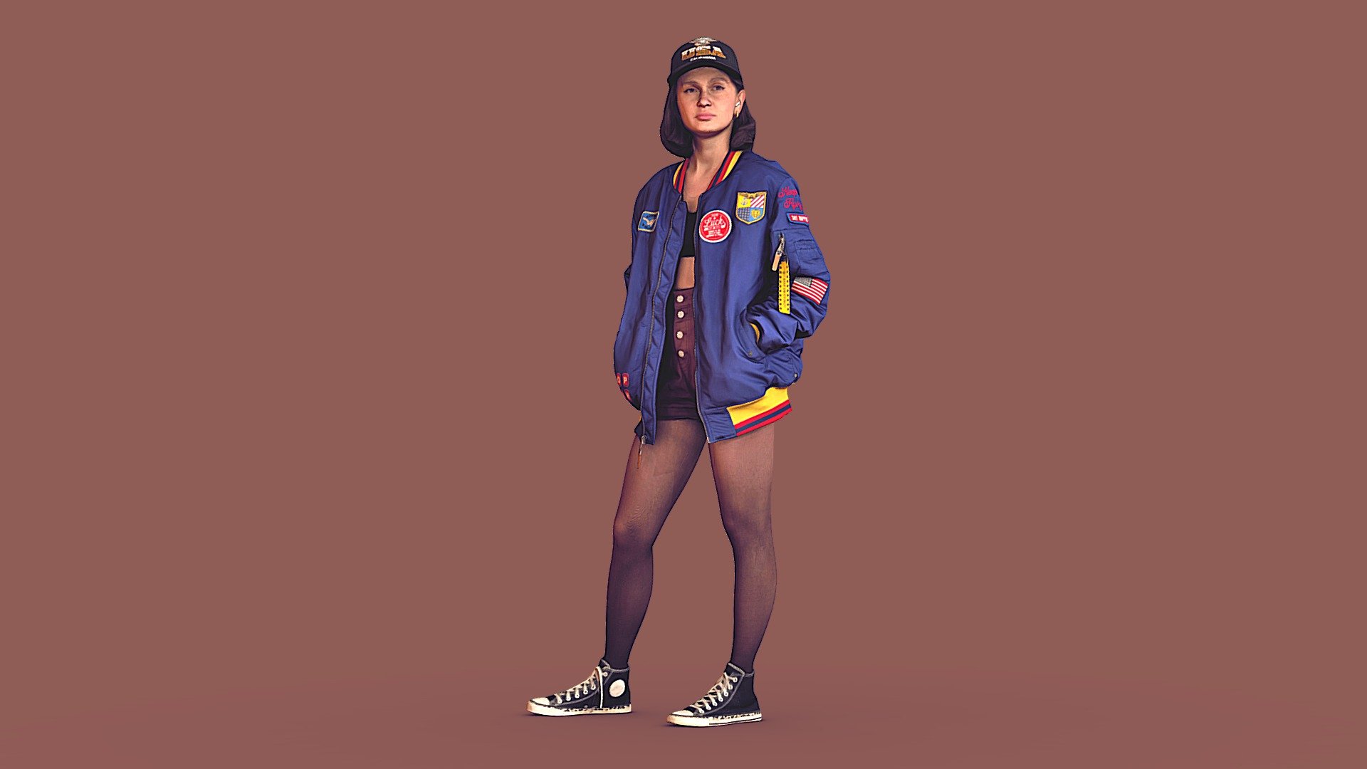 Follow us on instagram ✌🏼

✉️ A young woman, girl, city dweller, student, tourist, in a men's colored bomber jacket and cap, shorts, tights and sneakers, stands in a relaxed position, hands in pockets.

🦾 This model will be an excellent mid-range participant. It does not need to be very close and try to see the details, it reveals and demonstrates its texture as much as possible in case of a certain distance from the foreground.

⚙️ Photorealistic Casual Character 3d model ready for Virtual Reality (VR), Augmented Reality (AR), games and other real-time apps. 
Suitable for the architectural visualization and another graphical projects.
50 000 polygons per model 3d model