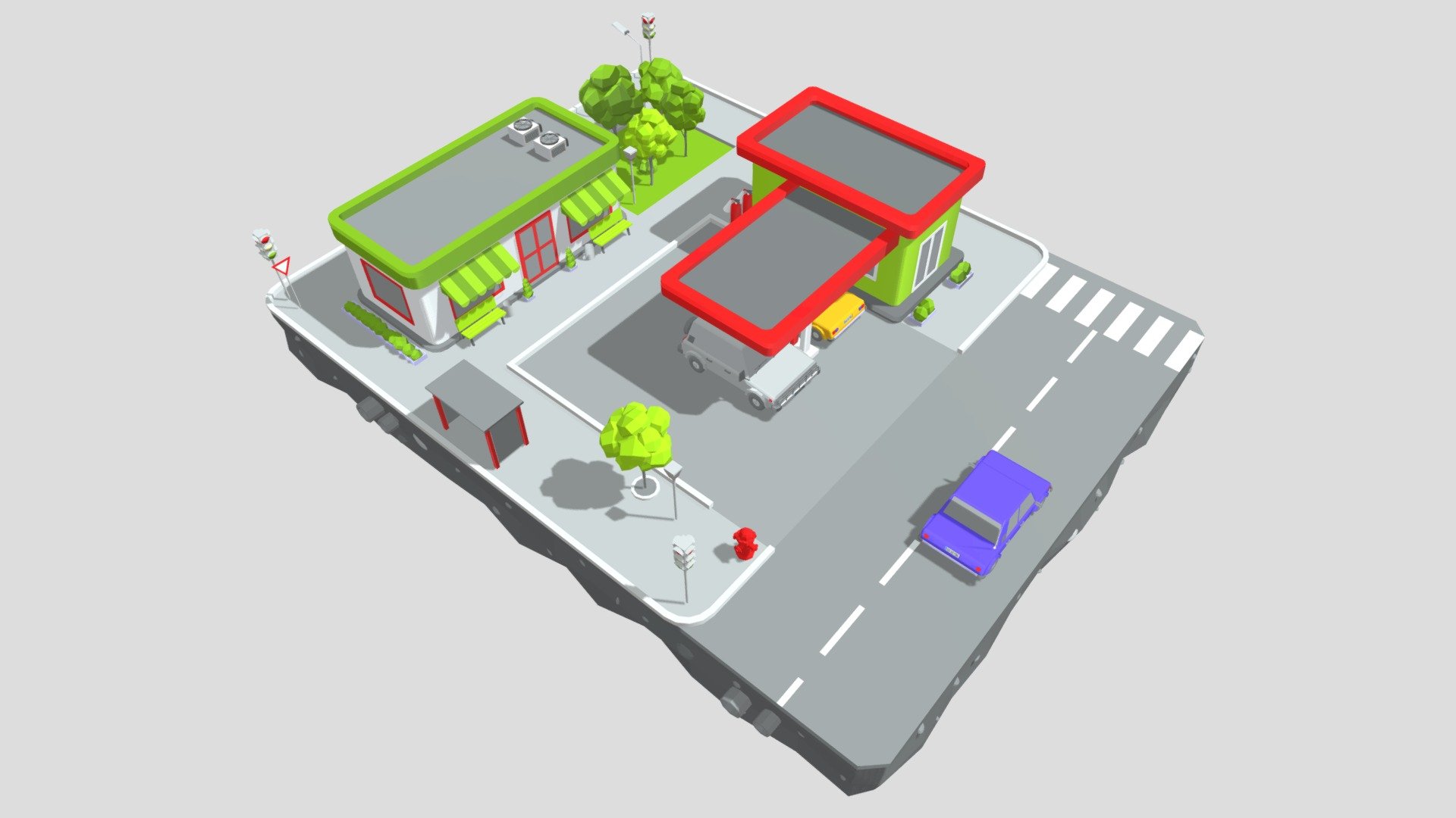 The set includes the part of the ground and street, the gas station, the grass, some bushes, some trees and 2 low poly cars - sedan and jeep crossover.
The model has good level of detail within the minimalist animation style. 
Correct and simple mesh,  made in rectangles and triangles. 
Despite the high detailing, the model is not heavy and will open even on a weak computer. 
Also, textures are almost not used in the model - only the license plates on cars have a texture. 
No additional plugins are used. 
Easily can be used in animation and games. 
Rendered in default 3ds Max Scanline Render, preview images rendered with exact light setup in 3ds Max scene 3d model