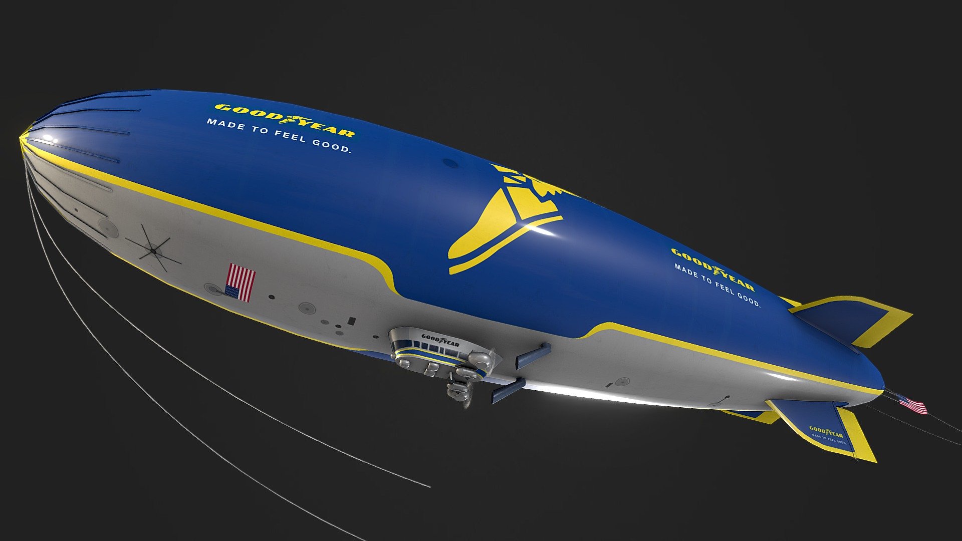 Realtime optimized, low poly airship blimp with a Goodyear livery. Mesh has a triangle count of 4020 tris. Included are 12 x both PBR workflows ready textures in native 4096x4096 px. Propellers got textures with a 512x512 px resolution. Included are 2 animated model versions with 180 frames @ 30 fps. FBX export contains pure rotation based animations, that work best with the Sketchfab viewer. The 3dsMax file archive contains also an extended animated version with modifiers and a static model version. View the complete Low Poly Airship Blimp collection: https://skfb.ly/oRPVV - Low Poly Airship Blimp - Goodyear 2 Livery - Buy Royalty Free 3D model by cgamp 3d model