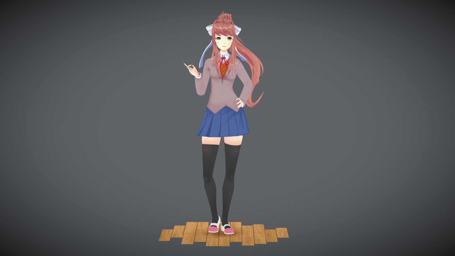 This is Monika from the game Doki-Doki Literature Club which was one of my favorite games from last year. The work Dan and Team Salvato did on the game was amazing and it's one of the most impactful games I've played in a long time. You can download the game for free here: http://ddlc.moe

This character was a huge challenge but also incredibly rewarding. I tried a lot of new stuff on it that I'd never tried before such as using blend shapes from ZBrush, using a hand painted texture style, and all of the modeling for her hair was completely different than anything else I had done before 3d model