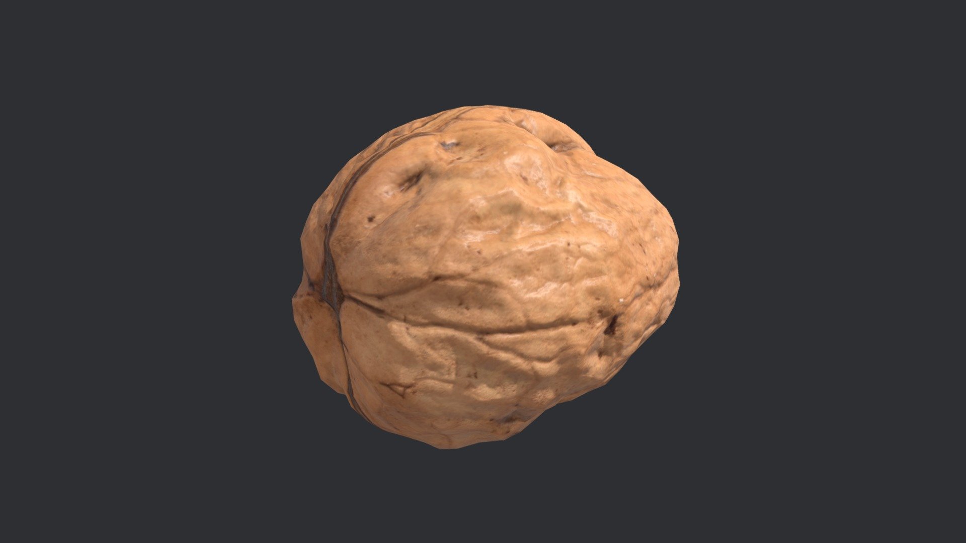 Photogrammetry model of an unshelled walnut.

The model has three base levels of detail, optimized into uniform triangles with clean UVs.

Lod 1 = 32,000 tris,

Lod 2 = 2,000 tris,

Lod 3 = 500 tris.

The model has 4K PNG textures (Albedo, Normal, Ambient Occlusion, Roughness and Gloss). All levels of detail share the same textures except for the Normal, where each LOD has a unique Normal map.

Lod 2 used for 3D preview with 1K JPG textures.

Real world scale 3d model