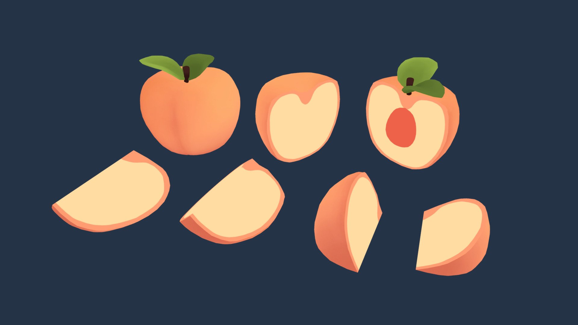 A cute, simple peach with a colourful, cartoon style 🍑

Part of the Cute Fruits Pack! See the full model pack here 👑✨

Includes:

1 whole peach mesh

2 peach half meshes

2 peach quarter meshes

2 peach slice meshes

2 texture .pngs

Zip file contains the models as an .fbx file - Cute Peach - Buy Royalty Free 3D model by pixelatedcrown 3d model