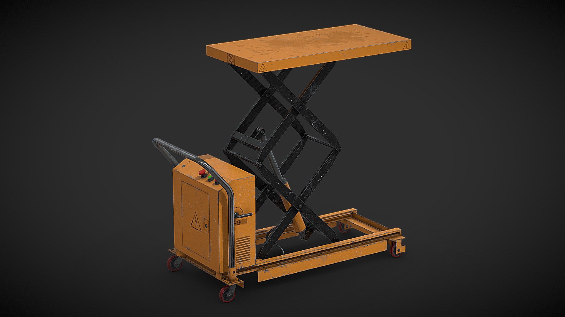 Orange-black electric scissor lift table.

Specification:




Model is in a real scale

Height: 166cm

Polygons: 105749

Verticles: 55255

Only Quads and Triangles used

Non-overlapping UV mapping

Formats:




3ds max 2017 V-Ray (native)

3ds max 2017 Arnold

Cinema R20

Cinema R20 V-Ray

Blender Cycles

Unreal Engine 5.1

Unity 2020

FBX

OBJ

DWG
 - Scissor Lift Table I - Buy Royalty Free 3D model by Fusemesh 3d model