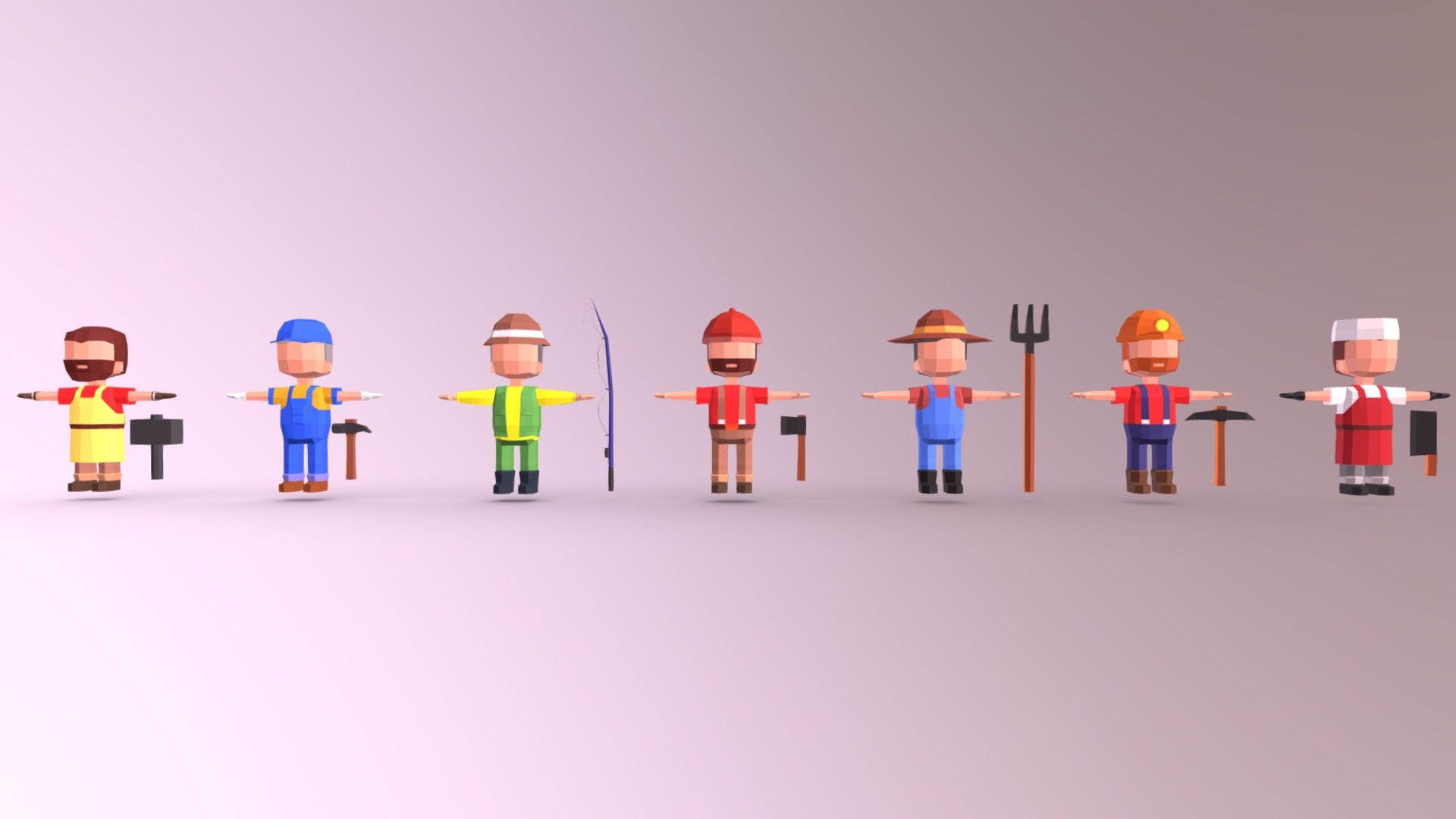 Asset for farming or town game.Contains different farming/gathering and building characters and tools.
7* lowpoly Farming  characters and tools.
you can now buy it on Unity Assetstore.:) - Farming Character Lowpoly - 3D model by RocoDev3D (@ronaldroco3d) 3d model
