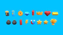 Hyper Casual Item Pack toon, heart, clock, battery, bomb, pack, crown, item, magnet, diamond, star, casual, hyper, lightning, dynamite, fireworks, stylized, cup, gold