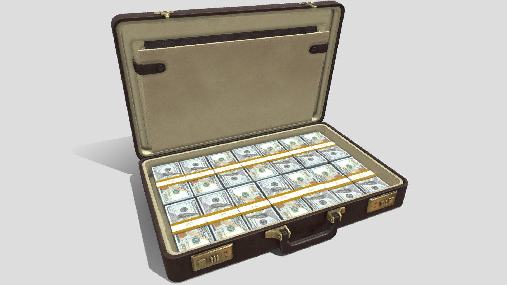 NoAI: This model may not be used in datasets for, in the development of, or as inputs to generative AI programs.

🌟 Key Features:

Sophisticated Presentation: This 3D model showcases a leather briefcase filled with neatly stacked bricks of 100 dollar bills, exuding an aura of sophistication and wealth.

Detailed Realism: Each brick of cash is meticulously crafted with realistic textures and shading, enhancing the authenticity of the scene.

Symbol of Financial Power: Ideal for scenes depicting business transactions, heists, or financial dealings, adding a touch of intrigue and allure.

Versatile Application: Whether for architectural visualization, gaming environments, or cinematic productions, this model elevates the ambiance of opulence and affluence.

Make a statement of financial prowess and prosperity with our Leather Briefcase with Cash Brick Stacks 3D Model. Order now and add a touch of luxury to your digital projects! 💼💵 - Leather Briefcase with Cash 💼💵 - Buy Royalty Free 3D model by Glowbox 3D (@glowbox3d) 3d model