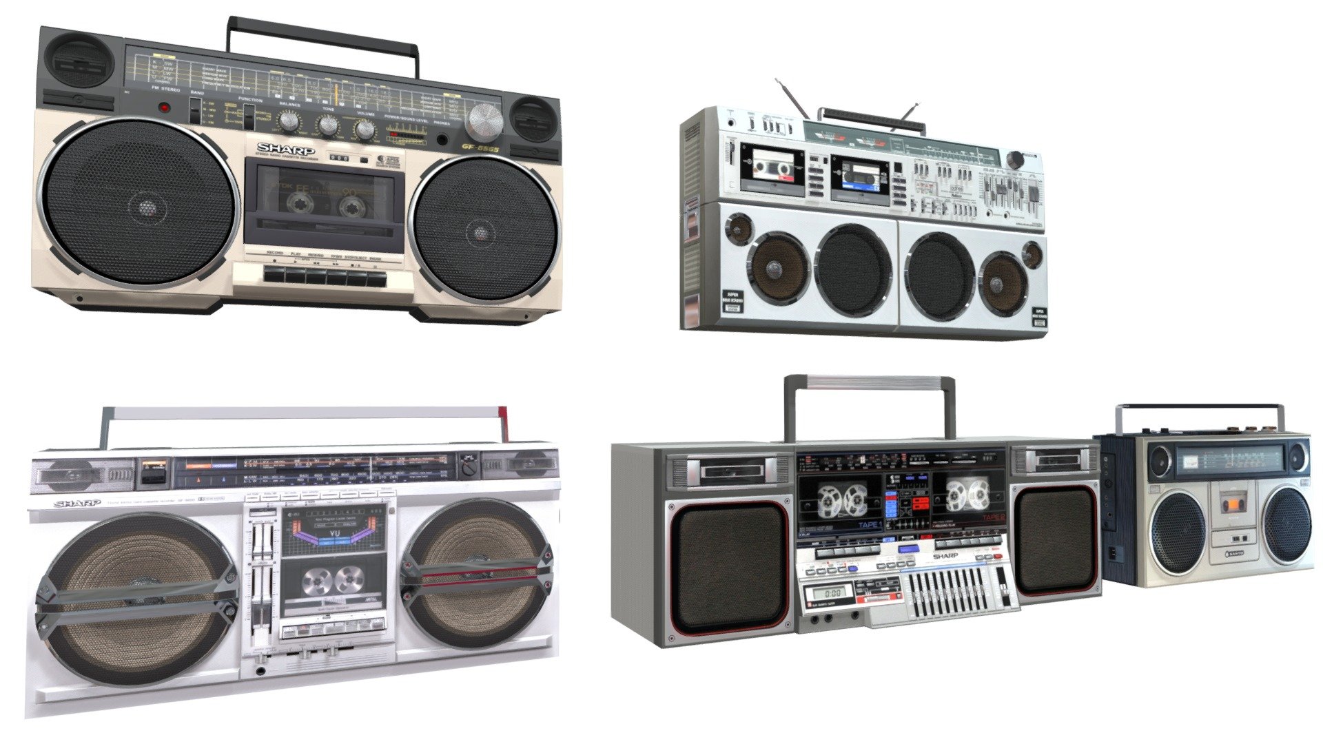 Value pack of 5 boomboxes: Sharp GF-800, Sanyo M-9930K, Sharp GF-6565H, Sharp GF-9000, and Toshiba RT-S98 MacKenzie. Great way to bring back memories of the 80s. Textures include color and bump/normal maps 3d model