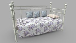 Bed Metal bed, kid, pillow, rose, mattress, fbx, metal, fabric, unwrap, gamereadyasset, lowpoly