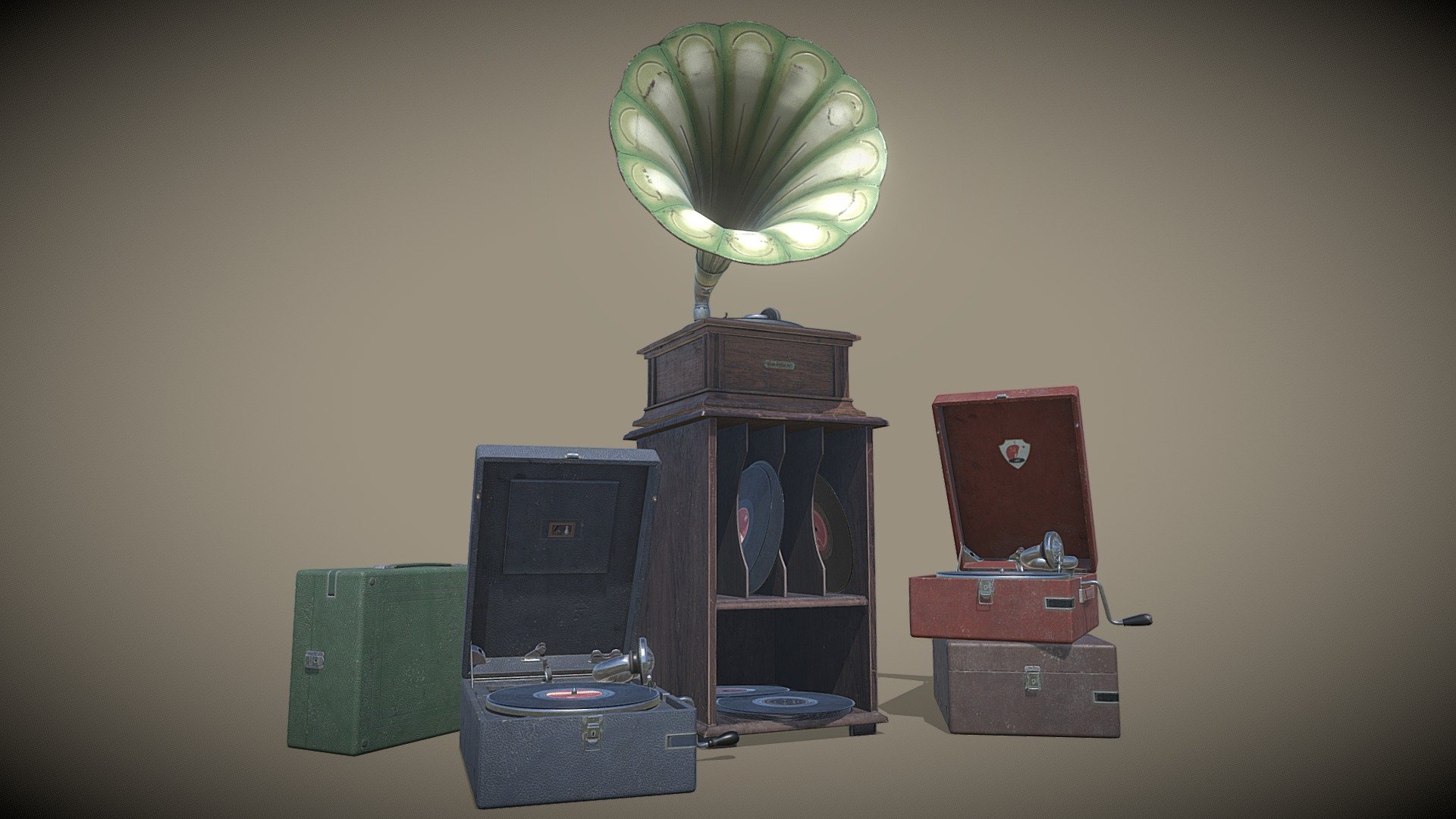 Animated models of antique European gramophone from early 20th century and British/Soviet portable gramophones 40-50 years of XX century

Polycount:

Animated gramophones: 5037 - 6031 verts

Closed gramophones: 889 - 947 verts

Disk cabinet - 372 verts

Disk - 322 verts

Textures: 1024-2048 Metallic PBR
 - Old Gramophones - 3D model by Aleksey Kozhemyakin (@aleksey-k) 3d model