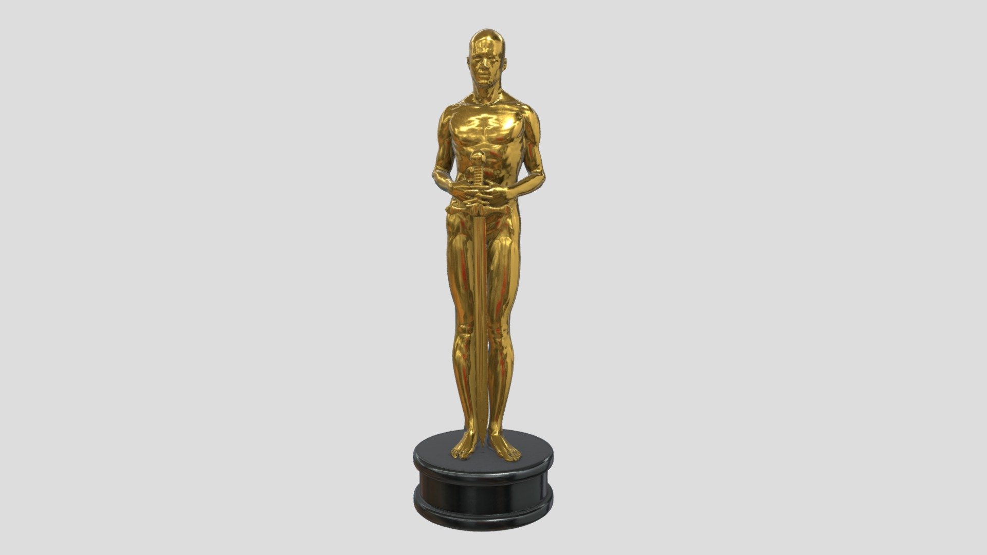 The Oscar Award looks like a naked man with his hands crossed on his chest, holding a long sword, standing on a five-ring film tray, each ring represents an important work department of the Academy of Motion Picture Arts and Sciences: Producer, Director , screenwriters, actors, and technical staff. Meyer allocated $500 to make the original trophy, which was made by George Stanley. The trophy was thirteen and a half inches tall and weighed six and three-quarters of a pound. It was made of alloy on the inside and had a layer of gold flakes on the outside to make it look shiny. It shines, so it is called the Academy Award 3d model