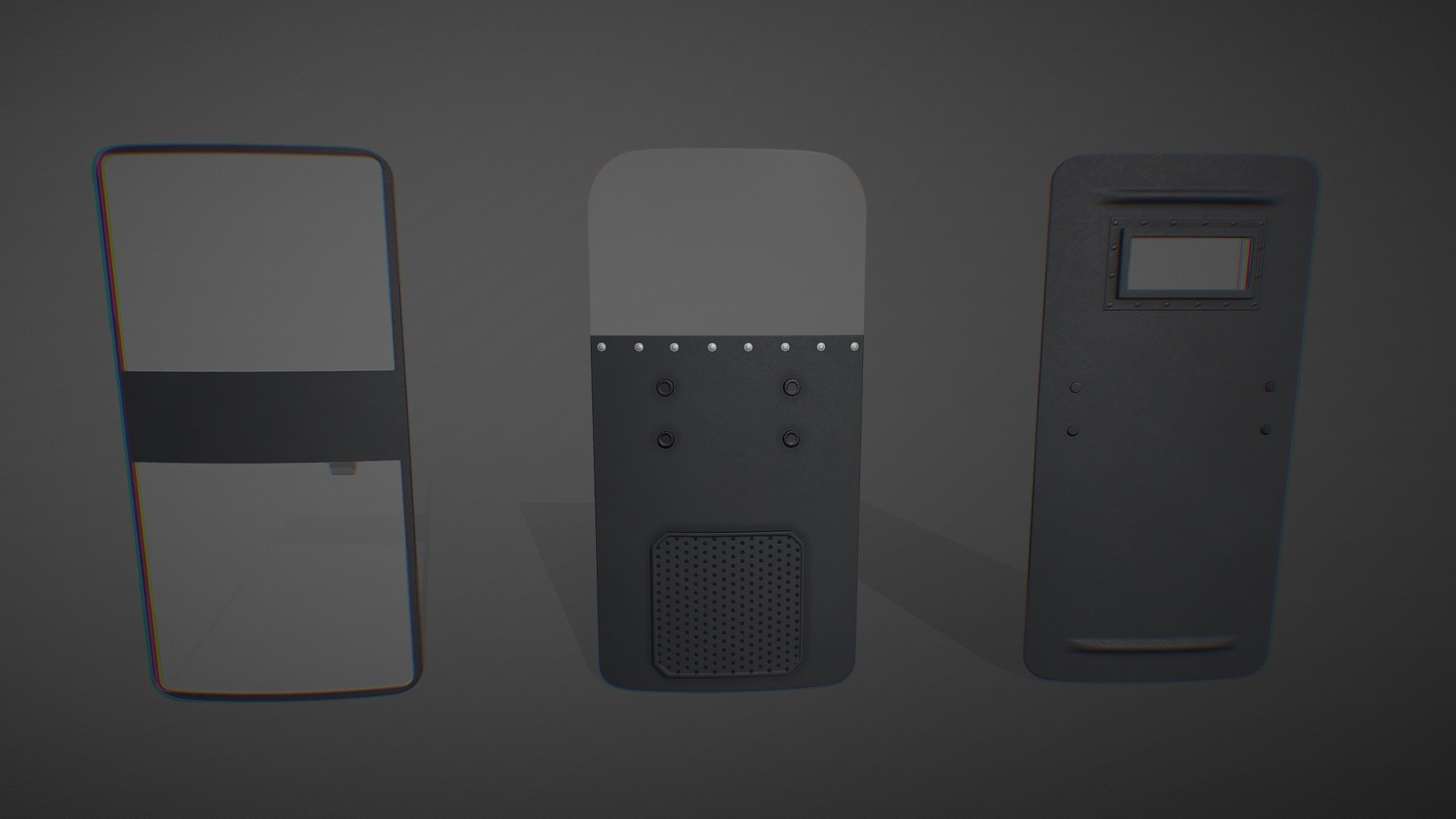 3 diffrent types of riot control shields.

all use the same texture maps and material 3d model