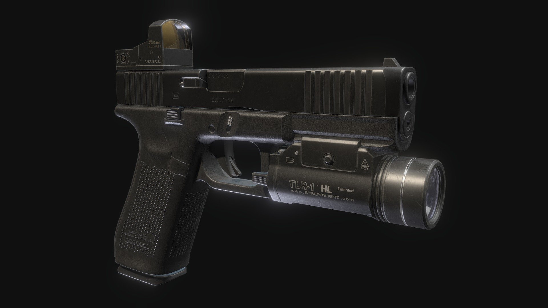 High quality game ready 3d model with PBR textures (Metallic/Roughness workflow).

Total Triangles: 25199 &mdash; ( Gun Tris: 12695 &mdash; Flashlight Tris: 9740 &mdash; RedDot Sight Tris: 2764)

Total Vertices: 13641

Parts are named correctly and separated for rigging and animation.

4 texture sets created for this model with 4k and 2k textures in .png format.

Model is created in 3ds max 2022 and textured in Substance painter 3d model