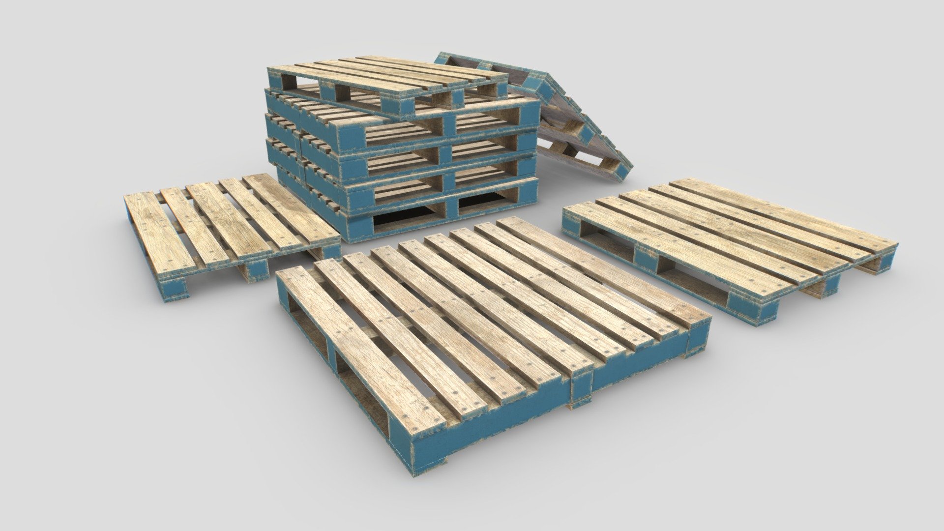 Industrial pallets based in real ones. 3 pallets included: 1200x1200 1200x1000and 1200x800cm

Comes with 1 set of PBR 4096p textures including Albedo, Normal, Roughness, Metalness and AO.

Suitable for factories, hangars, warehouses, construction sites, trucks, etc..

Realistic scale. Total verts 600, polys 1100

Pallet1 270verts.

Pallet2 160verts.

Pallet3 160verts - Industrial Wooden Pallet 1 - Buy Royalty Free 3D model by 32cm 3d model
