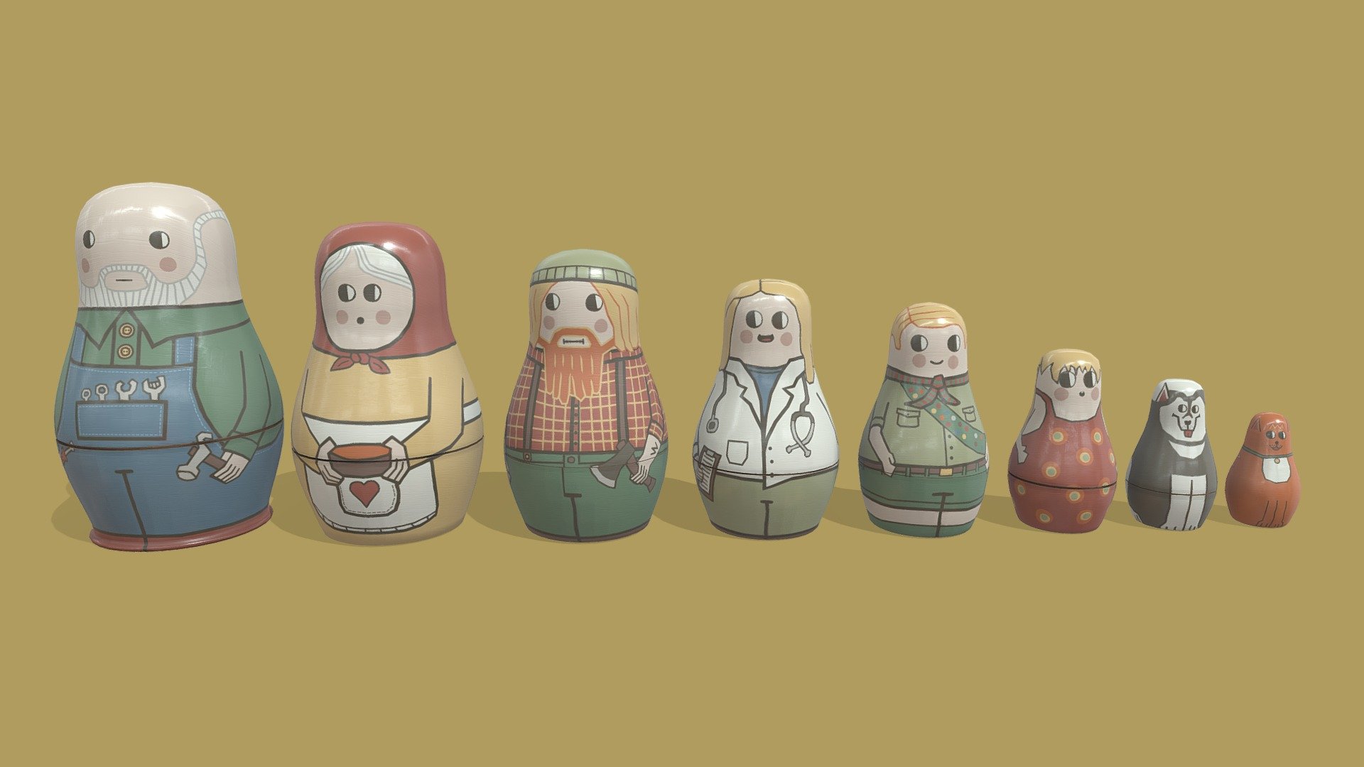 Three generations of nesting dolls, Grandparents, adults, children and also some pets for fun.

This version is for viewing in AR so you can place them on your own shelf :D

Now with sound!! 

My aim was to create Scandinavian style dolls with a modern twist. I drew them all within Substance Painter and stuck to a strict colour palate.

Originaly Modelled in Blender and textured in Substance Painter for #GenerationsChallenge - Nesting Dolls (Animated) - AR version - Buy Royalty Free 3D model by AndyBegg 3d model