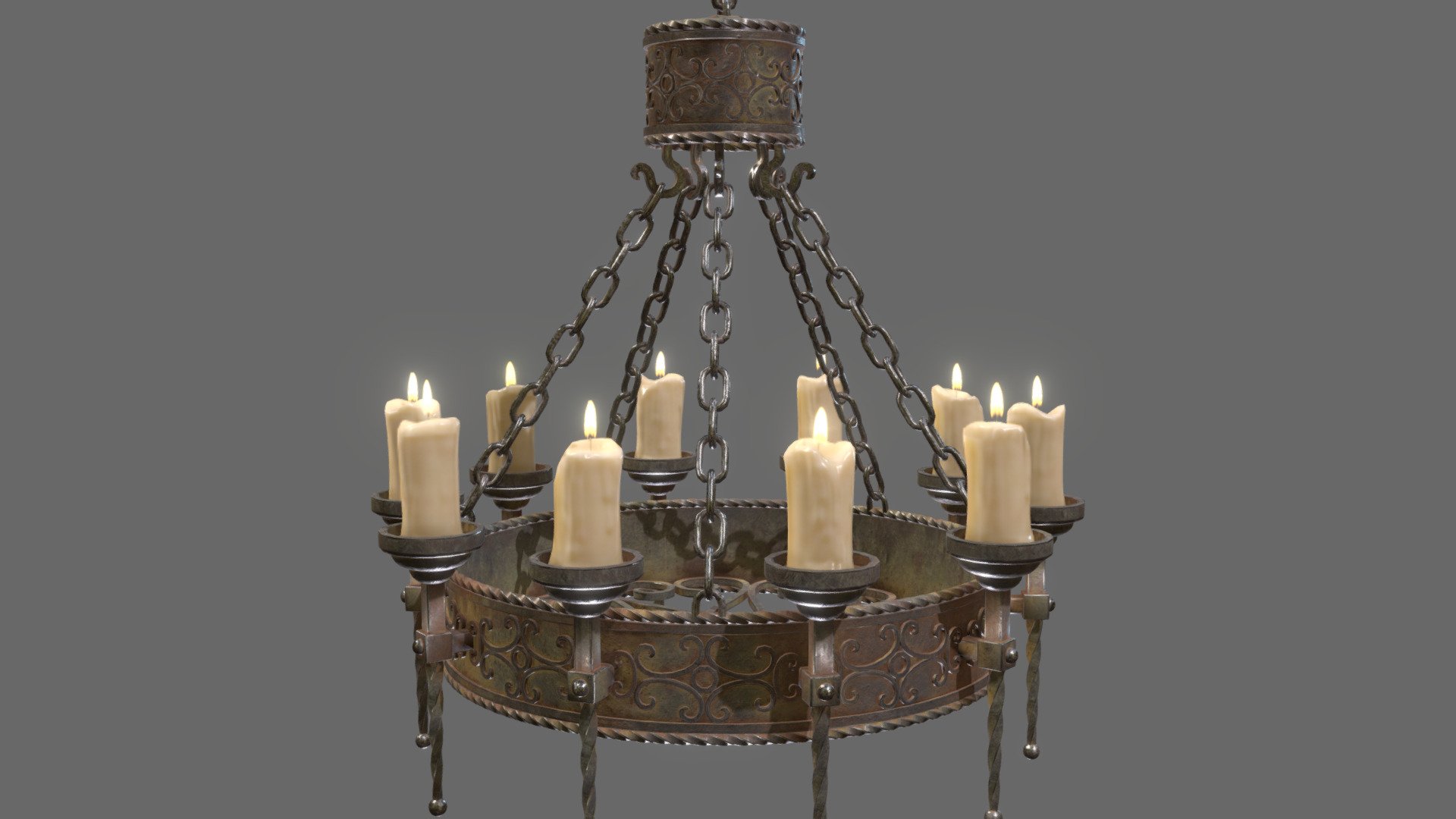 Candle Chandelier B

A medieval chandelier of candles with a rusty iron material. Very good for close ups. It is game ready with a lot of modeling details.

UV MAPS

It is all non overlaping. There are 4 diferent UV Maps.




2 for the chandelier (I made it this way, so the details of the textures look really good at closeups)

1 for the candles

1 for the flames

MATERIALS

There are 4 diferent material associate with each part of the object: 
* 2 for the chandelier's iron
* 1 for the candles
* 1 for the flames. 

In the .blend files the material are all ready for use, with proper sub surface scattering for the lights and emission for the flames.

TEXTURES:




There are 2 main textures for the chandelier in 4K resolution

The clandle texture is in 2k resolution.

The flame texture is in 256 x 512 pixels resolution
 - Candle Chandelier B - Buy Royalty Free 3D model by pixeldigitalarts by Giovanni Lucca (@pixeldigitalarts) 3d model