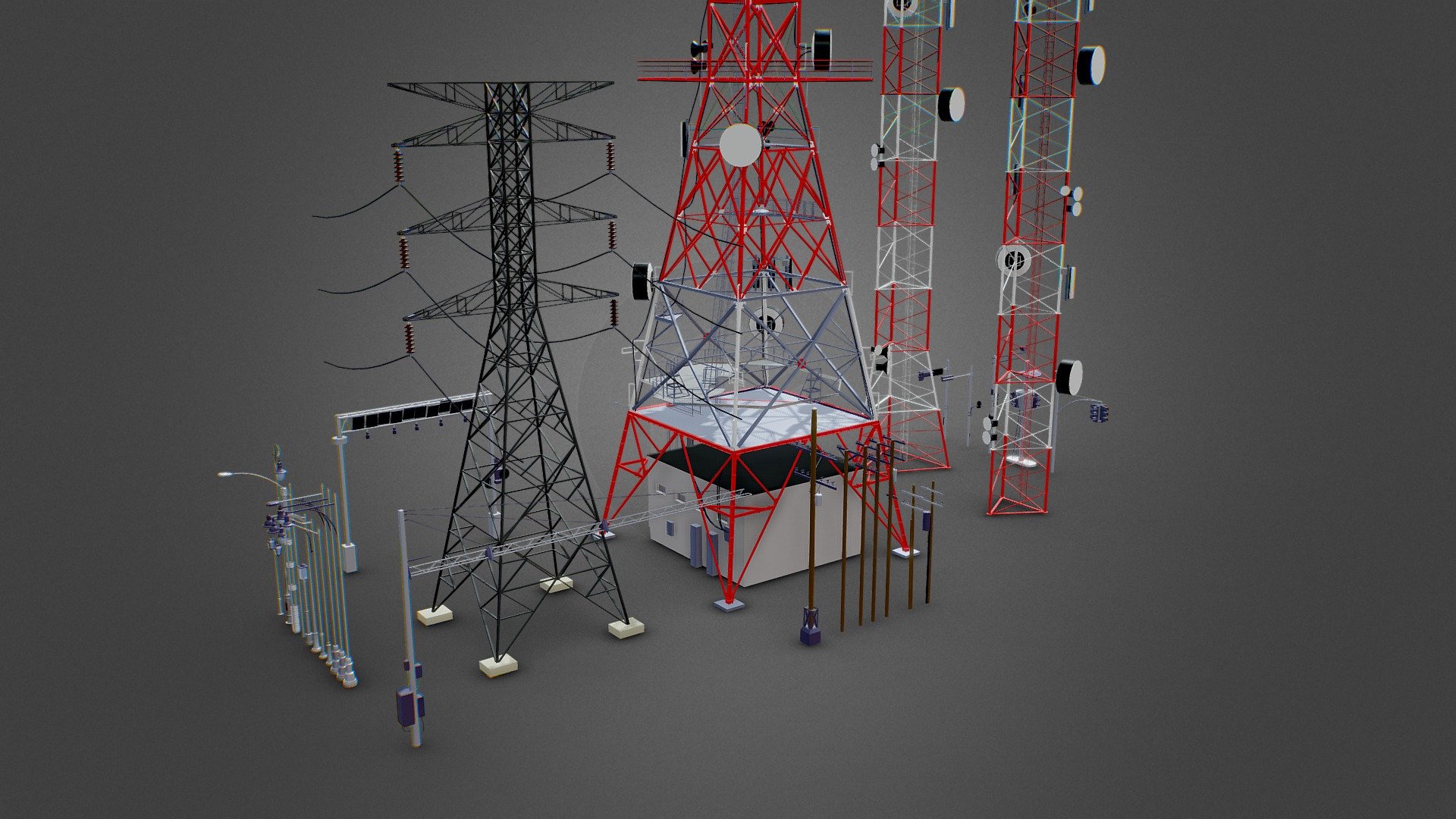 Scene with models:




transmission tower 

radio towers

traffic lights

street lights 

electric poles 

street structure

models made in blender 3.4

all colored with material data. no textures. 
base mesh models. low poly models 3d model