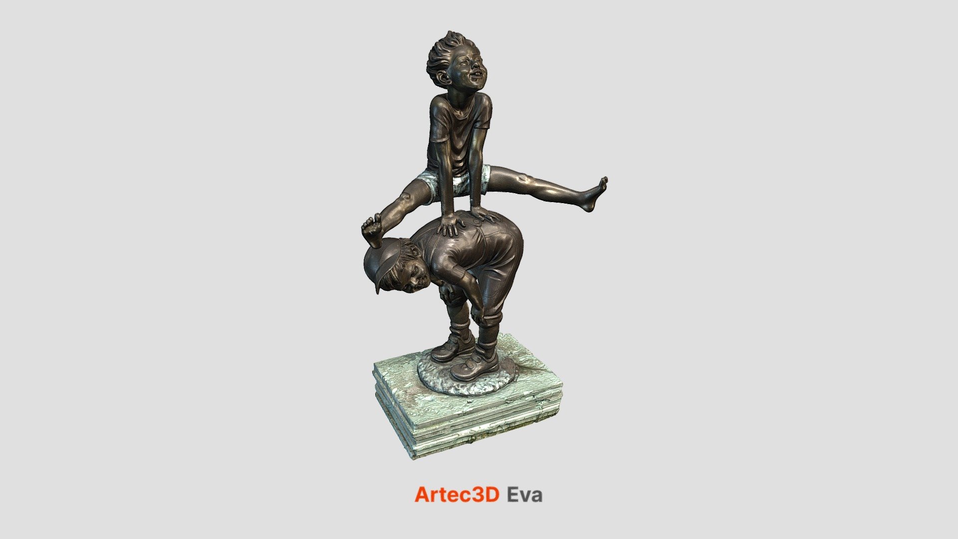 A bronze statue of two boys playing leapfrog made by sculptor Katib Mamedov is about 1.6m high. The legs in midair required a careful choice of a scanning angle to provide enough surface for registration. Other than that, the statue was incredibly easy to scan by Artec Eva, and was processed very quickly by Autopilot in Artec Studio.
Scanning time: 20 minutes
Processing time: 15 minutes - Two Friends - 3D model by Artec 3D 3d model