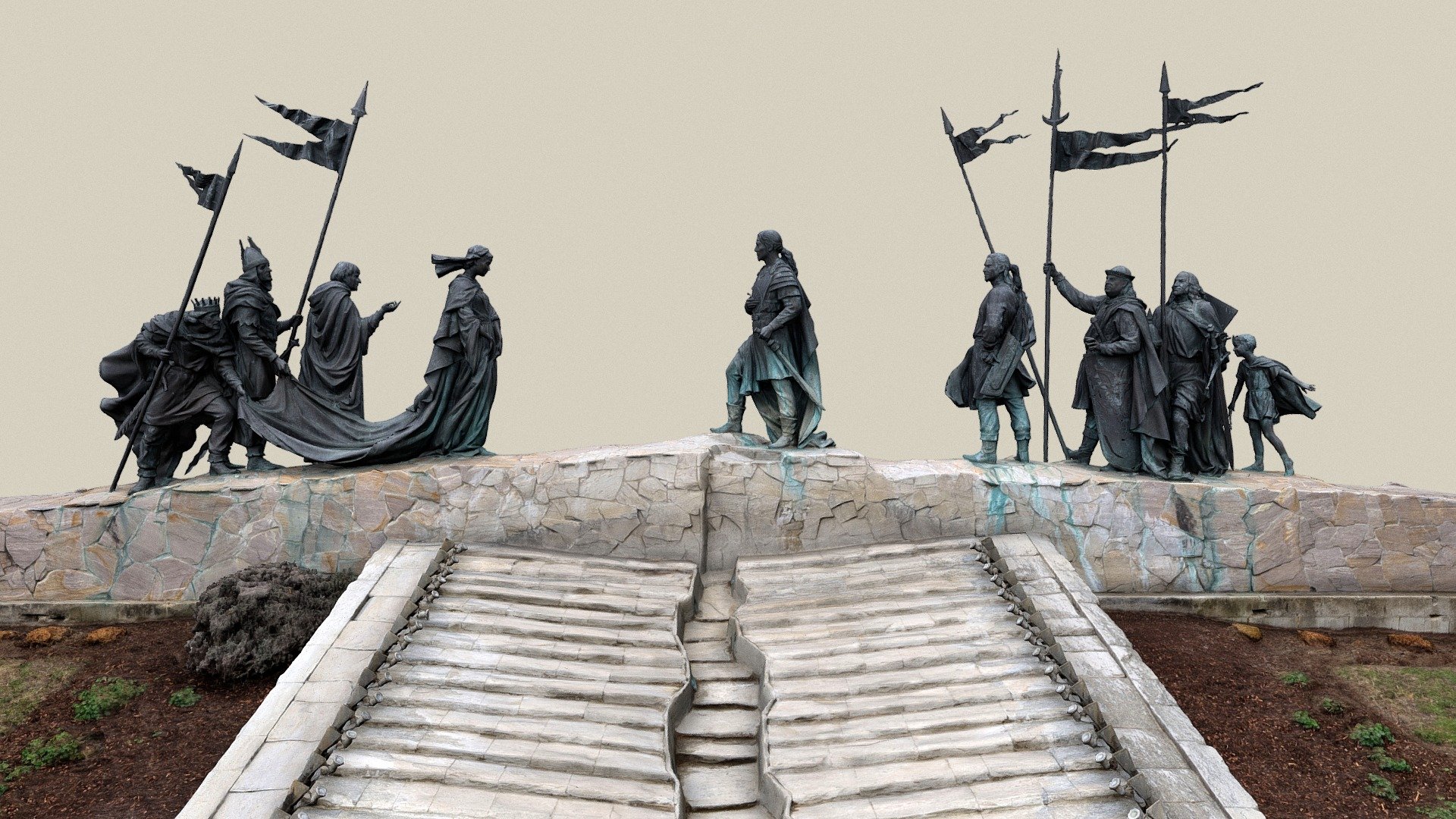3D model of the Nibelung Fountain in Tulln an der Donau. In the saga of the Nibelungs, written around 1200, a meeting of Kriemhild of the Burgundian kings with the Hun king Etzel in Tulln an der Donau is described. This monument was erected in 2005 to mark the occasion. The figures are by Michail Nogin, the fountain by Hans Muhr. The group on the left comprises two princes wearing trains, Margrave Rüdiger of Bechelaren and Kriemhild, those on the right King Etzel (Attila), his brother Bleda and the kings Dietrich of Bern and Gibich as well as Attila's son. In the summer months, the water fountains form an open book 3d model