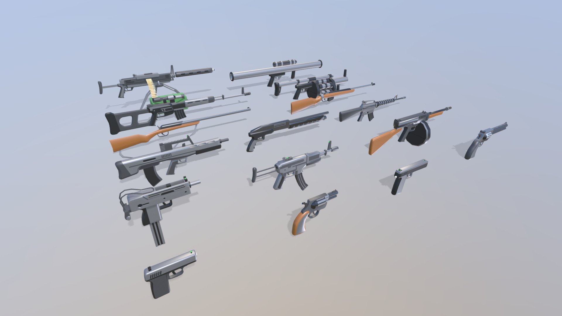 This package includes 16 guns models.
Accurate forms of polygonal shapes, give this model more simplicity and elegance.
Models created in Blender software.
Vertices:
Bazooka: 564
BK57: 775
Grenade Launcher: 1356
Hunting 01: 428
Hunting 02: 568
M16: 1165
Machine: 2524
Magnum: 564
MP5: 1045
Pistol: 418
Revolver: 496
Shotgun: 743
Sniper: 1175
Thompson: 673
Uzi: 774
** Average Polygon is 722 ** - Low Poly Guns Models - Buy Royalty Free 3D model by okaro.ir 3d model