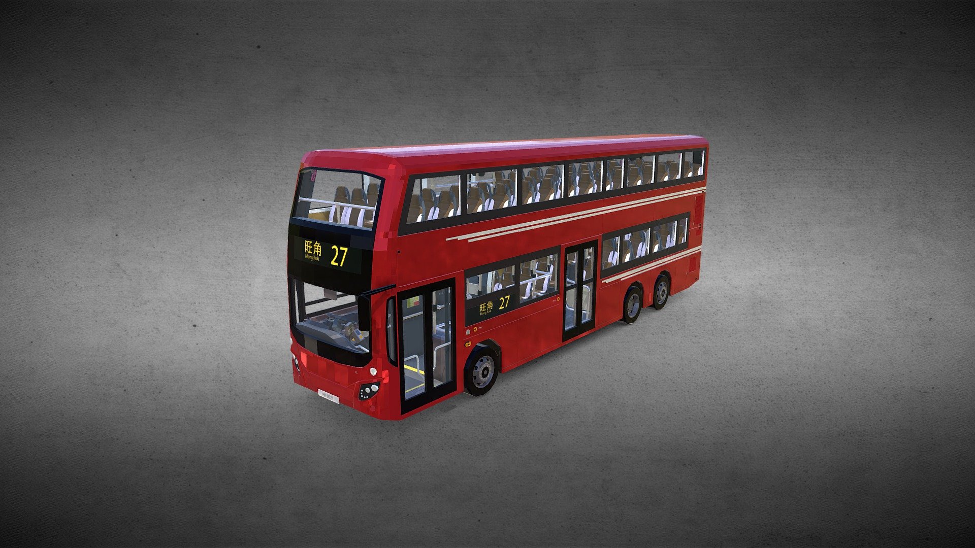 Hong Kong B8L Bus  Version1

The Volvo B8L is a 3-axle bus chassis, for double-decker buses, manufactured by Volvo Buses since 2018, with pre-production batches being produced as early as in 2016.
This model is the Volvo B8L bus, 12 meters long,  MCV EvoSeti body, Upper 59 seats, lower 31 seats.

Visit information below.

Wiki(https://en.wikipedia.org/wiki/Volvo_B8L)
http://hkbric.hkbdc.info/bic/intro/kmb-b8l.htm

My other Models

DrinkPack

Snack

Recycle Bin

RedMiniBus

Building Pack

Visit businessyuen.com, like, follow and download my game in google play 3d model