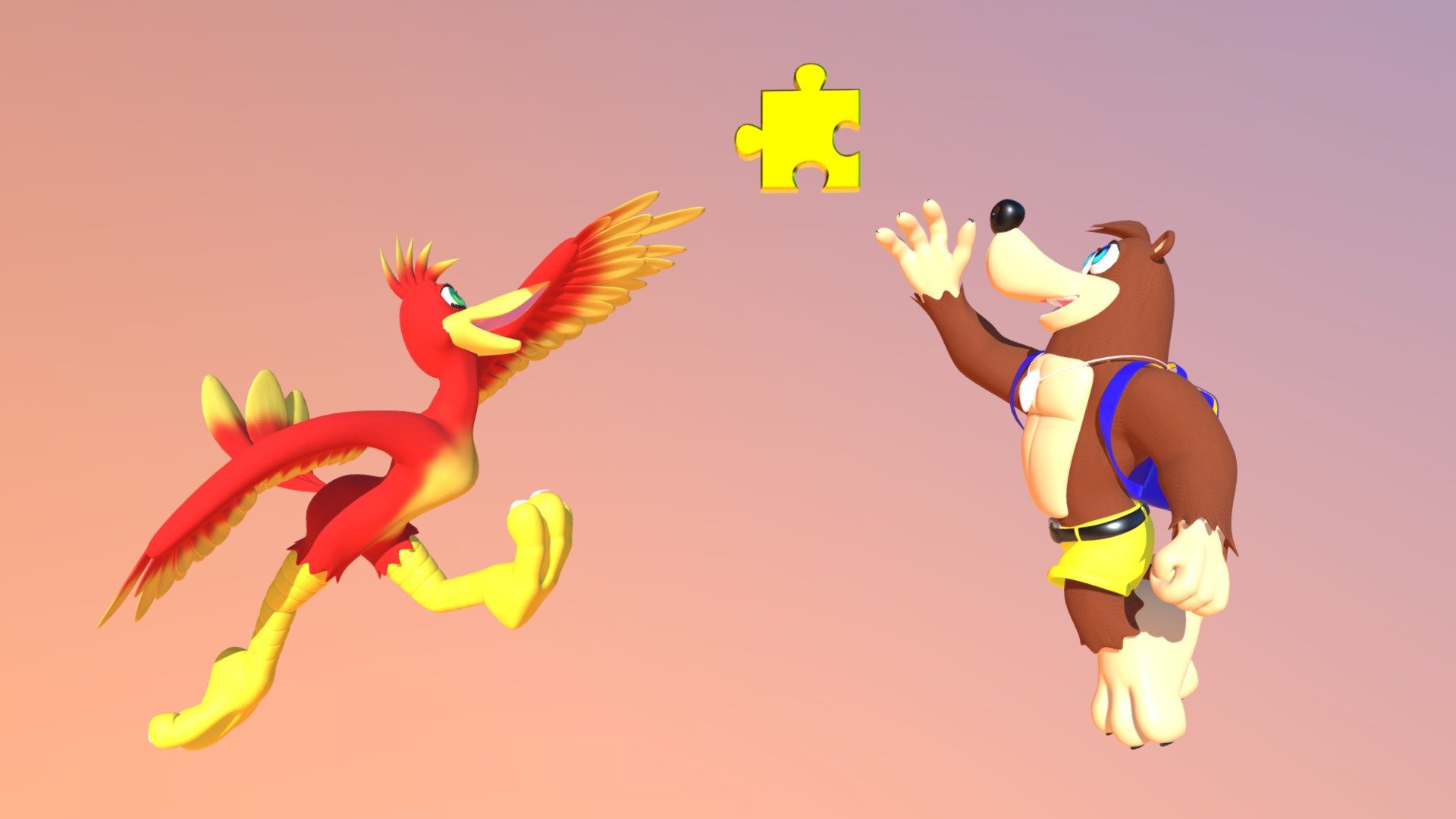 Banjo and Kaoozie, from their beloved platform-adventure “collectathon” game, grabbing a Jiggy. The models were meant for updating my Banjo-Kazooie submission for the Source Filmmaker workshop, but I decided against this. But I didn’t want my work to go to waste, so I stylized the models, and uploaded them to Sketch Fab to show off.

I also experimented a little of giving the models more detailed textures. More specifically, giving the textures a more rough look. But still keeping a simple, cartoony look.

Needless to say though, this was a big hassle to upload and setup, since there are many objects and materials. In retrospect, maybe I should’ve uploaded the duo individually 3d model