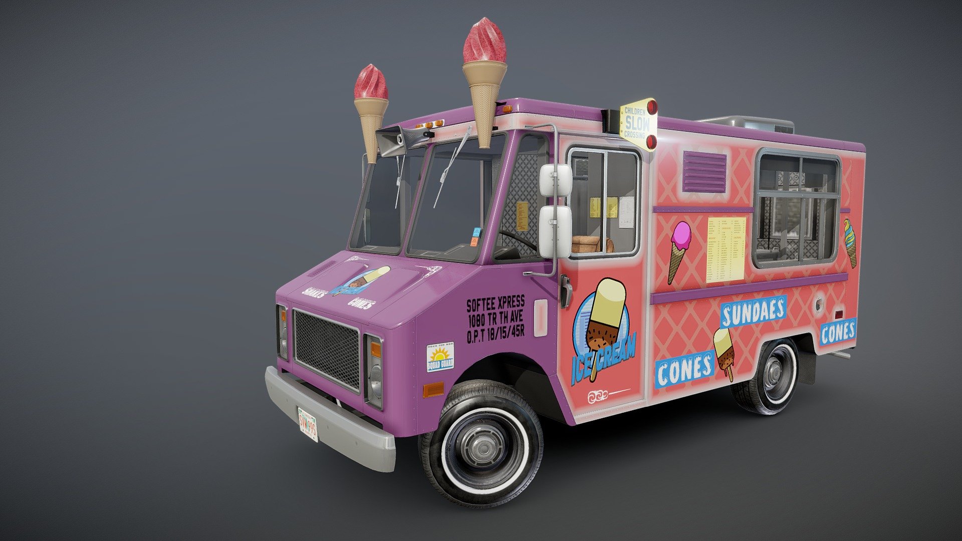 Icecream truck game ready model.

Full textured model with clean topology.

High accuracy exterior model.

High detailed cabin - seams, rivets, chrome parts, wipers, mud flaps and etc.

Side doors are openable.

Lowpoly interior - 2818 tris 1824 verts

Wheels - 9012 tris 4968 verts

Full model - 49895 tris 29491 verts.

High detailed rims and tires, with PBR maps(Base_Color/Metallic/Normal/Roughness.png2048x2048 )

Original scale.

Original scale. Lenght 4.86m , width 1.86m , height 2.65m.

Model ready for real-time apps, games, virtual reality and augmented reality.

Asset looks accuracy and realistic and will be a good part of your project 3d model