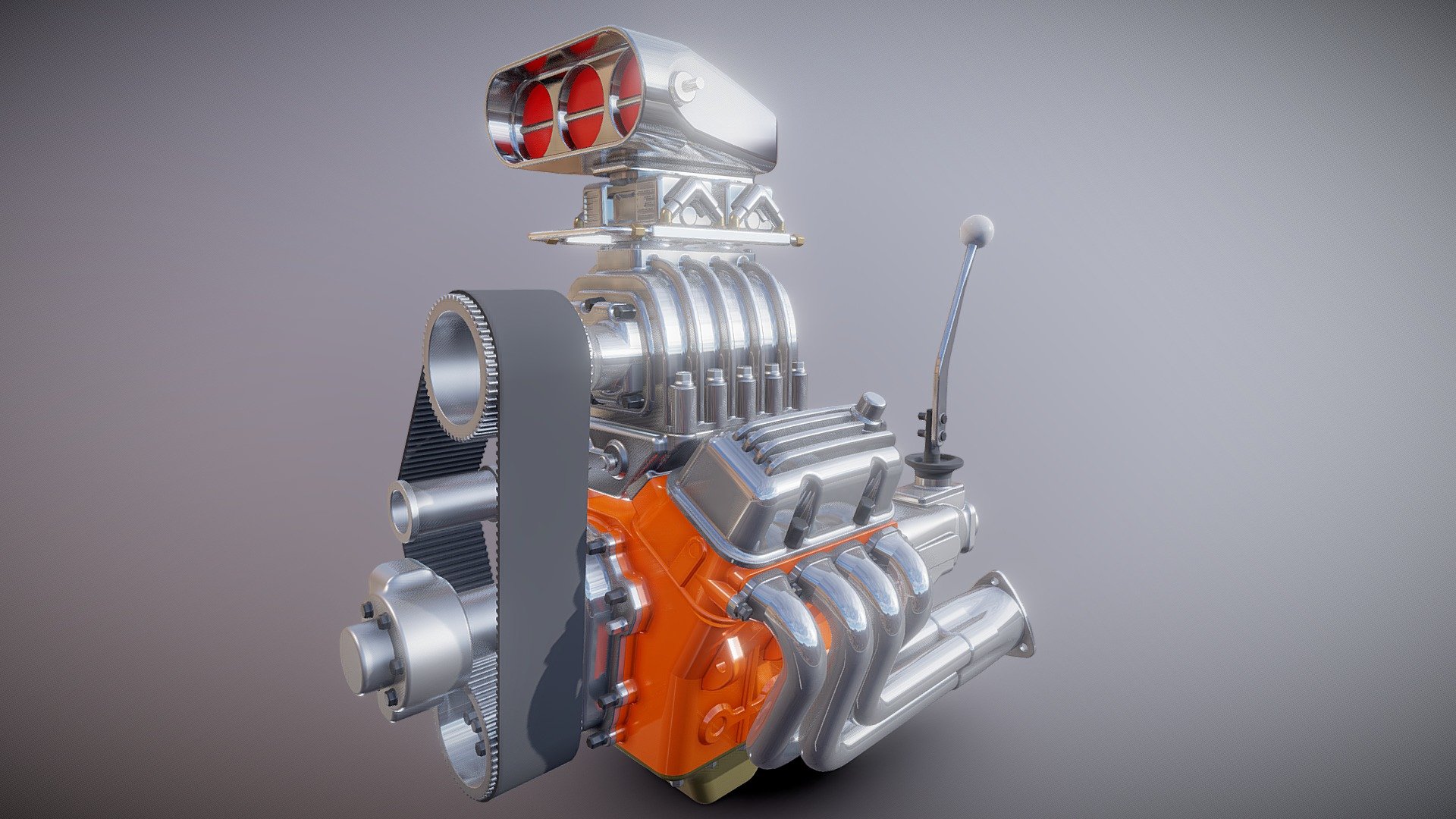Cartoon V8 HotRod engine. 
parts list - 
Small block.
Heads.
Chrome finned head covers.
Blower.
2x4 carbs.
Transmission.
Hurst shifter.
Fuel pump.
HotRod exhaust headers.
Classic look air scoop.
Oil pan.
Custom manifold.
Tim cover.
Ignition coil.
Fuel rails 3d model