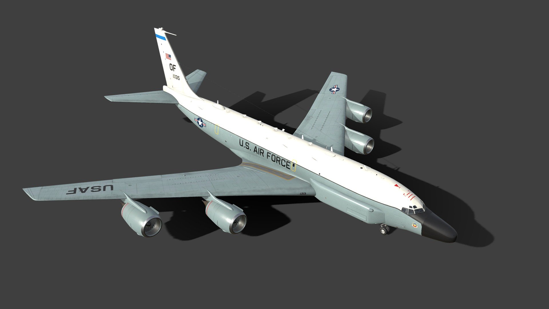 The Boeing RC-135 is a family of large reconnaissance aircraft built by Boeing and modified by a number of companies, including General Dynamics, Lockheed, LTV, E-Systems, and L3 Technologies, and used by the United States Air Force and Royal Air Force to support theater and national level intelligence consumers with near real-time on-scene collection, analysis and dissemination capabilities. Based on the C-135 Stratolifter airframe, various types of RC-135s have been in service since 1961 3d model