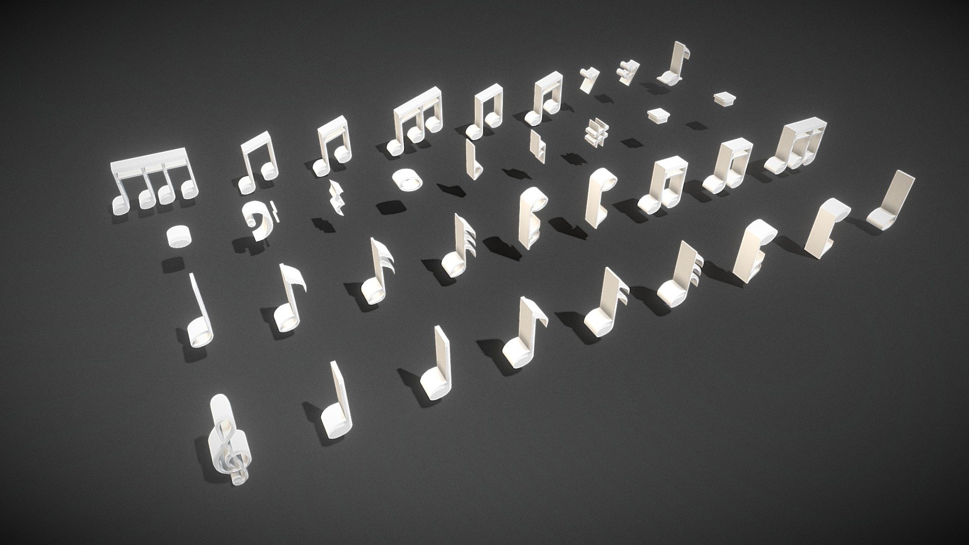 Animation Video: https://www.youtube.com/watch?v=KenOwyDkhDs  

This is a collection of 3D models of musical notes. You can use them in your game or video. I hope you like them.

1 material with no texture.

Triangles: 16684 Vertices: 8510

(Viewer Setting above are just a preview and may vary drastically depending on your lighting and shading setup on the final application)

If you have any questions, please feel free to contact me.

E-mail: zhangshangbin1314159@gmail.com
 - Musical Notes - Buy Royalty Free 3D model by Zhang Shangbin (@zhangshangbin1314159) 3d model