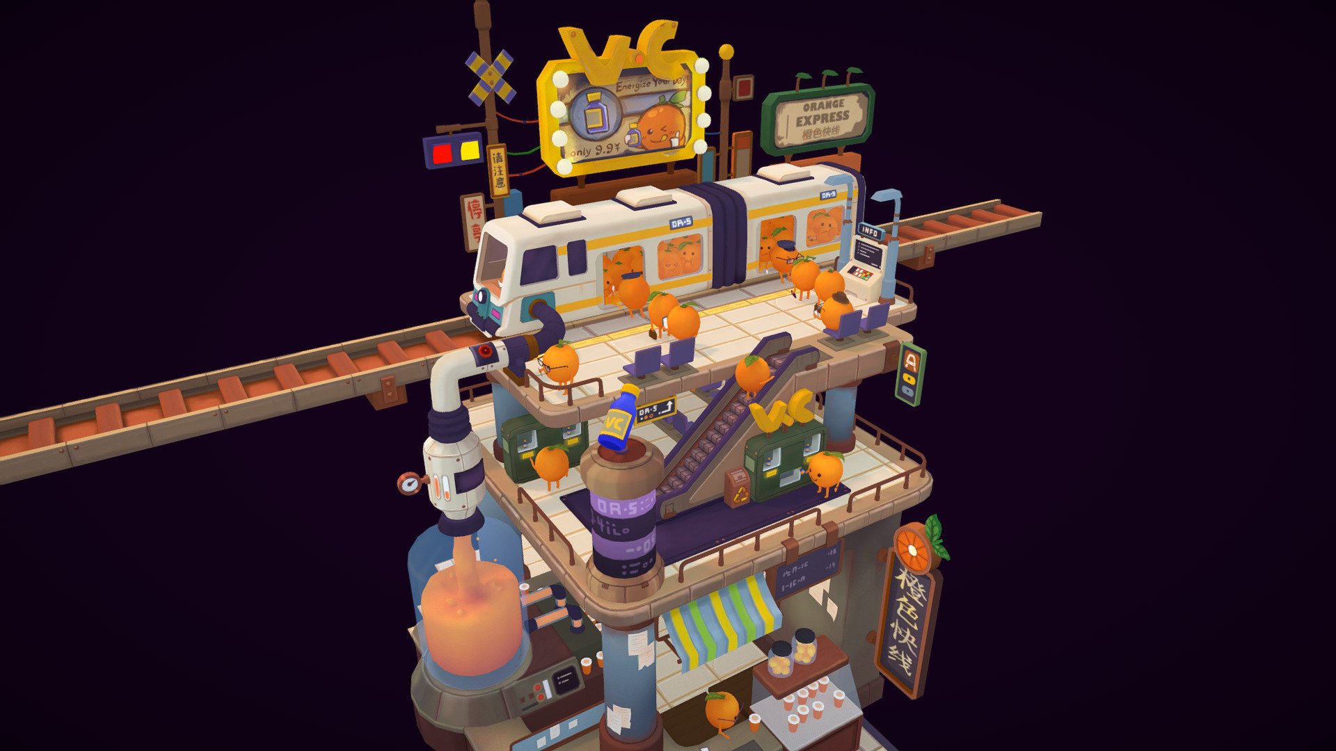 This is my first big 3d-project. When I first saw Bangzheng Du concept https://www.artstation.com/artwork/3RKGY I was very inspired and tried my best to make this artwork in 3d. Like this cute funny oranges and hope you'll enjoy it 3d model