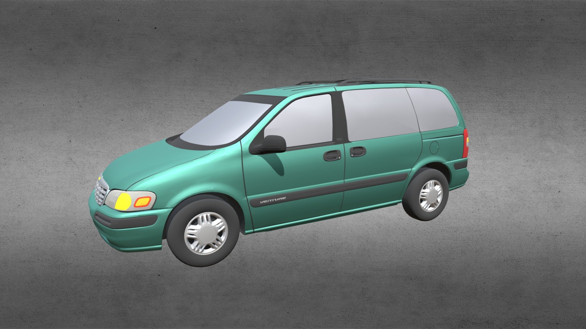 The Venture was introduced in 1996 for the 1997 model year as a replacement for the radically styled Lumina APV. In the United States, it was also sold as the Oldsmobile Silhouette and the Pontiac Trans Sport, which was later renamed as the Pontiac Montana for 1999 (2000 in Canada).

This digital model is based on the 1998 version of the Chevy Venture.

Product Features:
- Made entirely with 3 and 4 point polygons.
- Does not have an interior cabin, so we recommend darkening the windows.
- Because of this, the doors are not separate parts.
- All 4 wheels are separate parts.
- Although the model includes these parts, this version of the model is not rigged.
- Includes logically named materials, which makes it very easy to recolor the model.
- The model has basic UV mapping and NO textures are included. You'll need to apply your own shaders, such as metal and fabric.

Original model by Digimation and sold here with permission 3d model