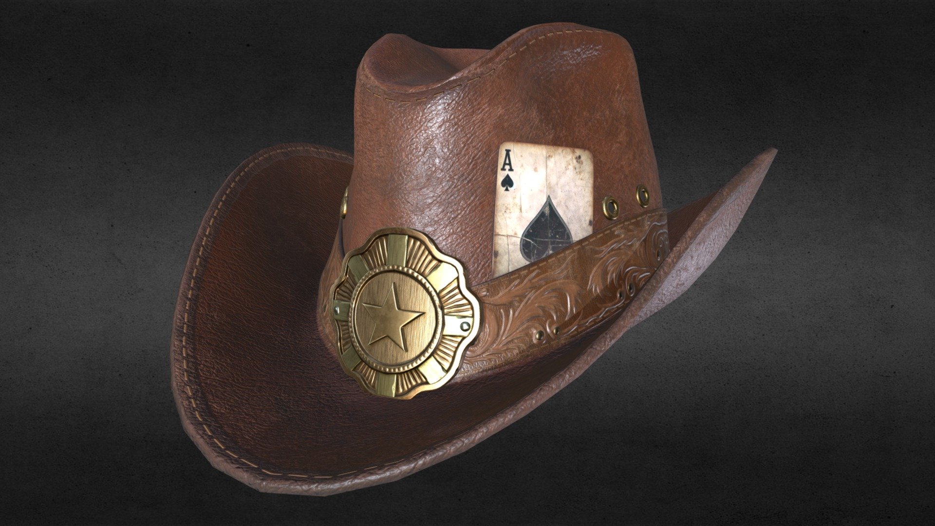 This intricately designed 3D model of a cowboy hat combines the rugged charm of the Wild West with the polish of modern craftsmanship. The hat boasts a rich, chocolate-brown leather texture that exudes quality and durability. Adorning the side is a striking sheriff's badge, detailed with an embossed star at the center, that adds an authentic touch of law and order to the design. Tucked into the hatband is an ace of spades card, a nod to the gambler's spirit and a symbol of good luck. Style reference game Red Dead Redemption 2.
Whether you are game developers, filmmakers, or virtual reality creators, this cowboy hat model is versatile for various applications, from character design to scene setting. Its high resolution and detailed texturing make it a standout addition to any digital 3d model