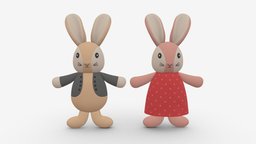 Bunny toy girl and boy rabbit, bunny, cute, toy, cloth, boy, happy, child, handmade, ears, soft, gift, dress, plush, fluffy, stuffed, childhood, girl, 3d, pbr, animal