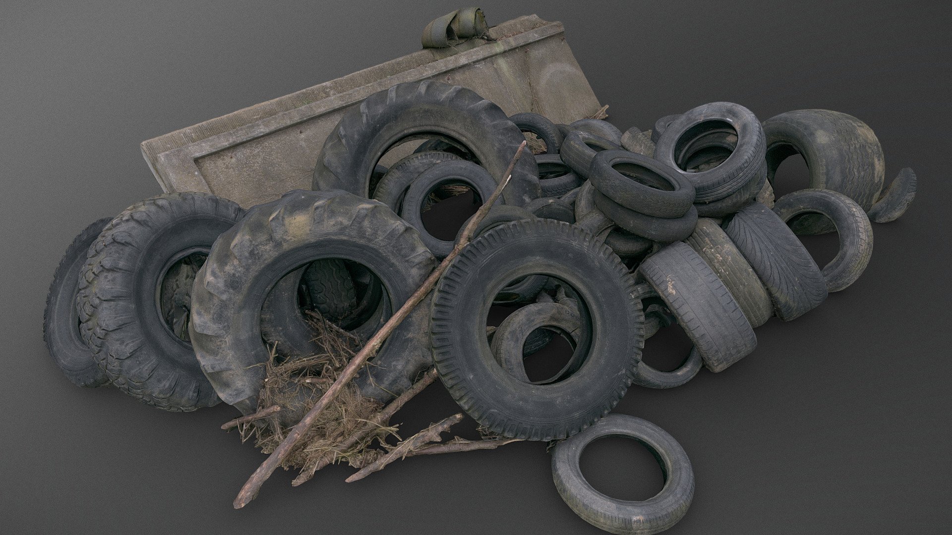 Pile heap stack old used vintage car tyres tires wheels waste dump with some concrete chunk and mud dirt   

photogrammetry scan (240x36mp), 4x8k textures + hd normals - Tyres concrete heap - Download Free 3D model by matousekfoto 3d model