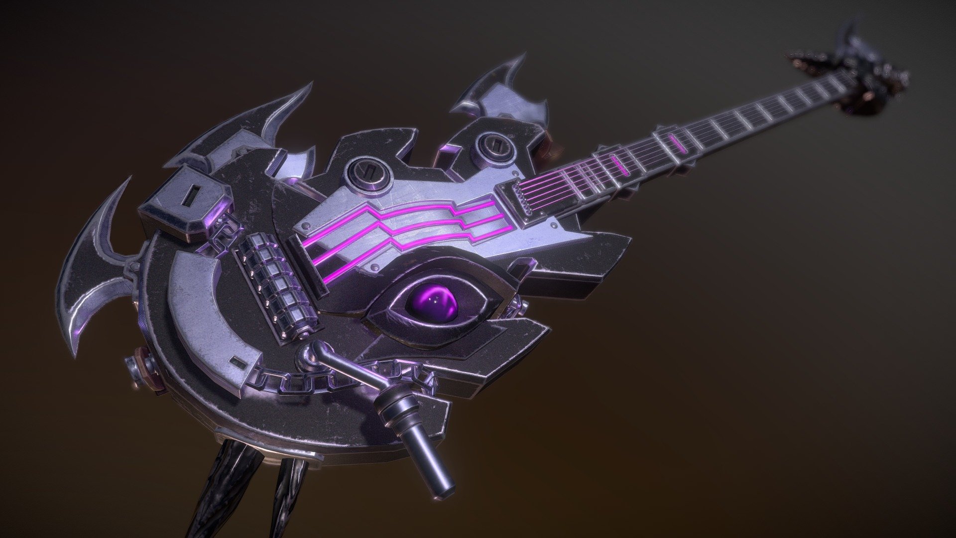 A commissioned piece for a Monster Hunter: World mod. A realistic rendition of an anime guitar from the game Soul Worker. This one was fun! 

In game, the chains and strap have physics, the emissive breathes, and it uses this model for the sheathed form allowing the model to sit naturally on the shoulder.

Made entirely in Blender 2.8 and Substance Painter. With some tweaking and channel adjustments in Photoshop 3d model
