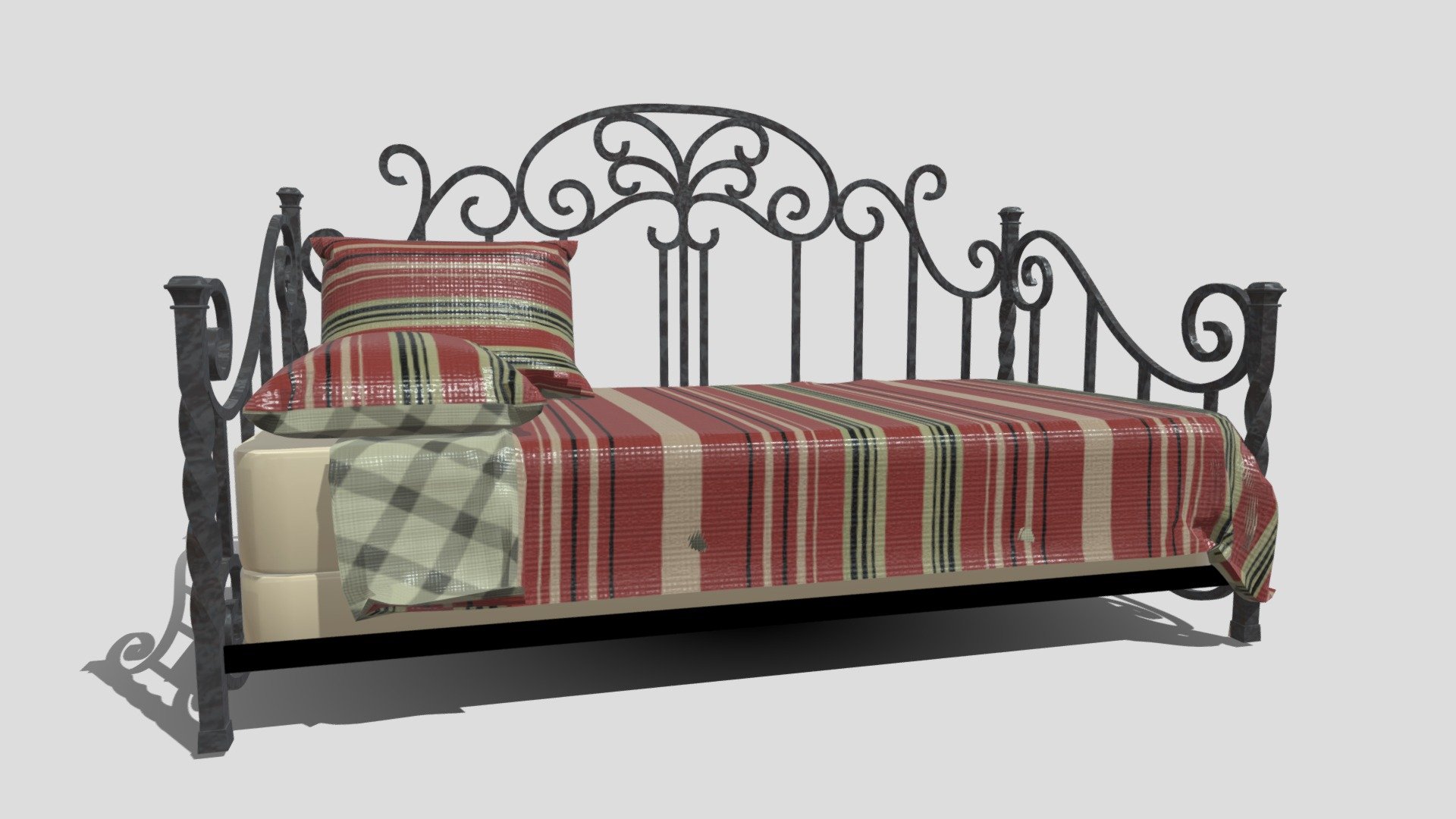 A fanciful wrought iron Day Bed with mattress and box spring. The model is un-unwrapped and available to add textures and distress.

Update: 04/11/2023




Blanket and pillows was added to the model

New textures were added and/or replaced within the model

Model was combined into one asset

UV was rearranged and restructured

Textures were baked for this model
 - Day Bed - Download Free 3D model by Full Barrel Productions (@Full_Barrel_Production) 3d model