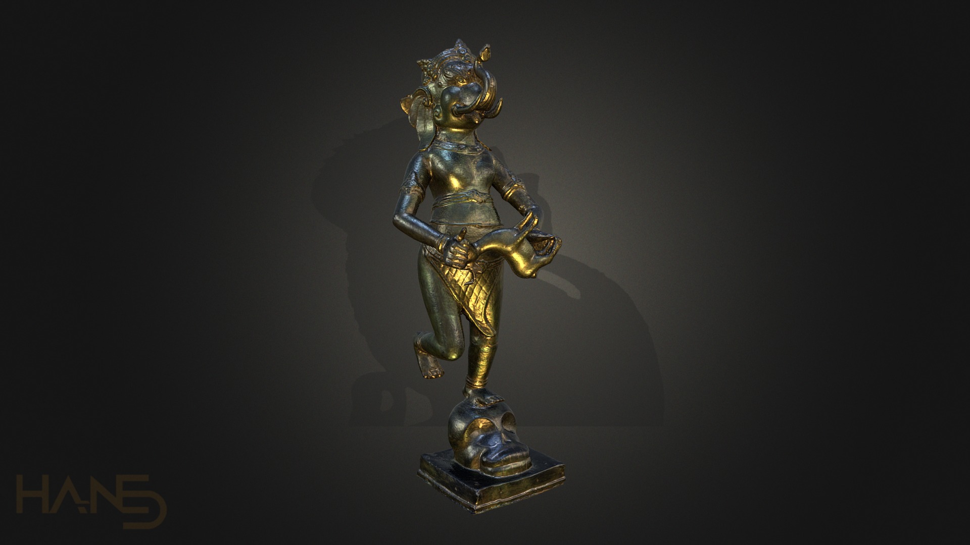 Ganesha with two arms, holding a sacred deer and standing on a skull. This statue has a real life height of approx. 67 cm. 

Viewing tip: hold ALT + Leftmouse button to rotate the lighting.

Software used: Agisoft Photoscan, Blender, Substance Painter. 

Mesh/Texture specs: 40K triangles. The model in the preview has a 2K Metal/Roughness PBR textureset (Basecolor, Metal, Roughness, AO and Normal). A 4K full textureset and the original highpoly mesh and uncompressed 8K basecolor texture is included.



Follow me on Twitter | 
** Instagram | Artstation**



Rendered with Blender Cycles, Filmic color management. 


Also, check out my other metal Ganesha Statue 3d model