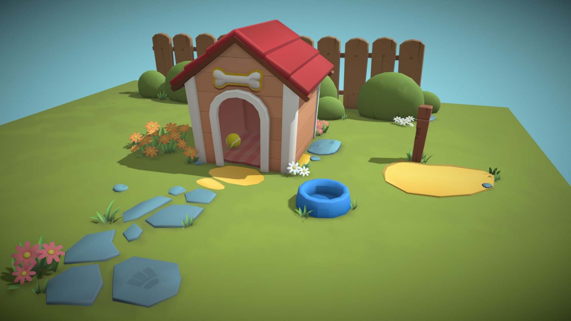 A cartoon-style doghouse. Painted along the vertices 3d model