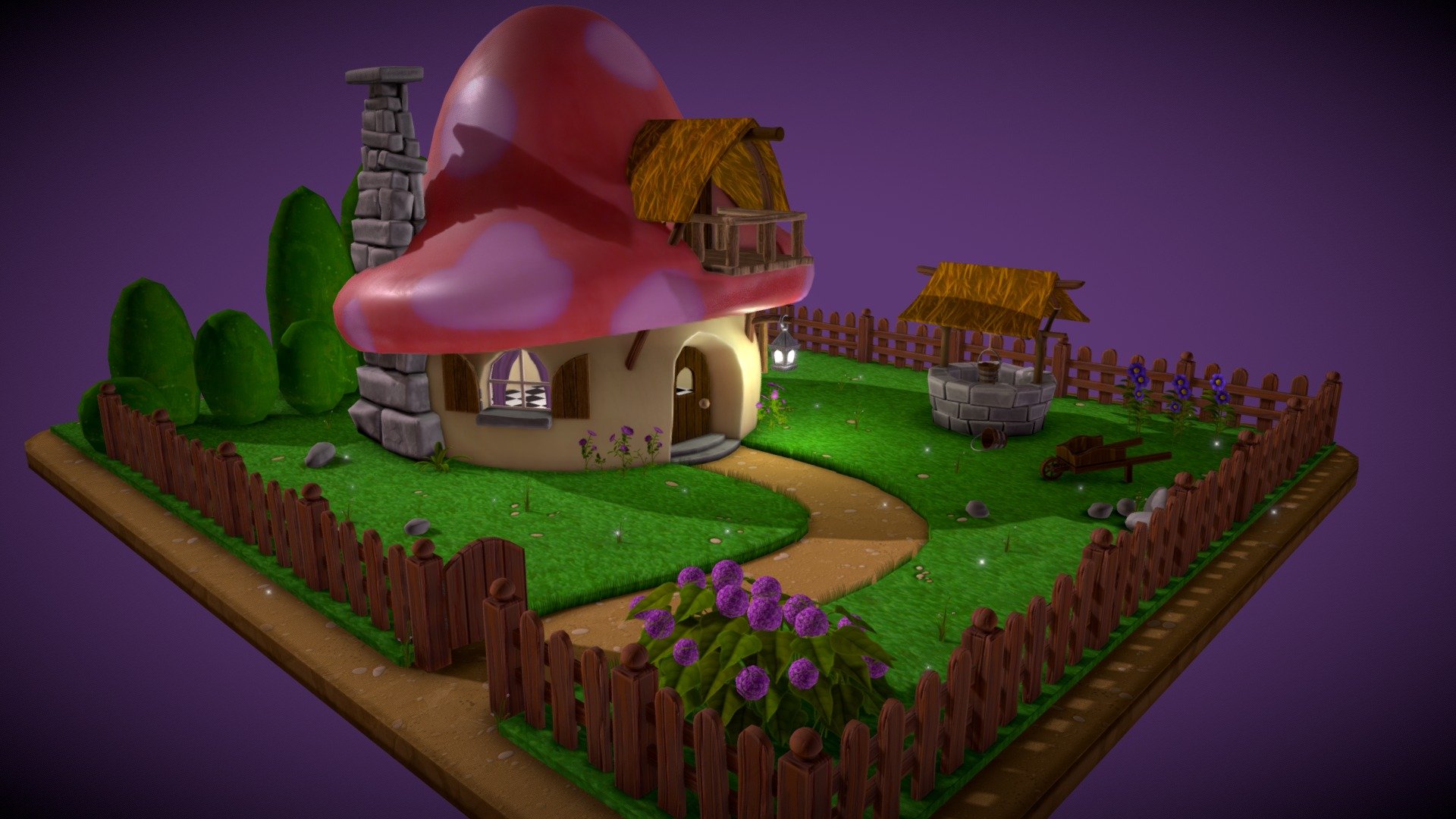 I took the original artwork by Peyo (the Smurfs creator) and adapted to a 3D environment.
It was very fun to work with this art.
I tried to keep the artistic aspect (kind of handpaint with watercolor and paint brushes) with a low poly count, but also give a personal touch of realism to the scene.
I just miss the fuss of the Smurfs in the scene. Maybe someday I model one smurf and duplicate a bunch of them through the village to make it more fun.
I hope you enjoy 3d model