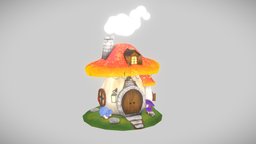 A Mushroom Home forest, grass, mushroom, brick, elf, bright, glow, smoke, chimney, colorful, game, low, poly, stone, home, wood