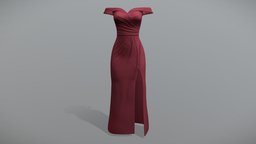 Off Shoulder Thigh Slit Formal Dress red, front, fashion, off, girls, long, clothes, dress, thigh, gown, twisted, realistic, beautiful, womens, elegant, shoulder, formal, evening, rea, maroon, bridal, slit, pbr, low, poly, female