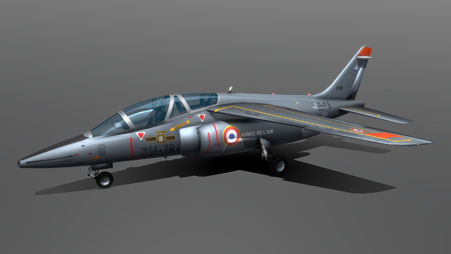 Training plane for the future fighter pilot of the French Air Force. The modeling was done under blender. Texture under illustrator and photoshop 3d model