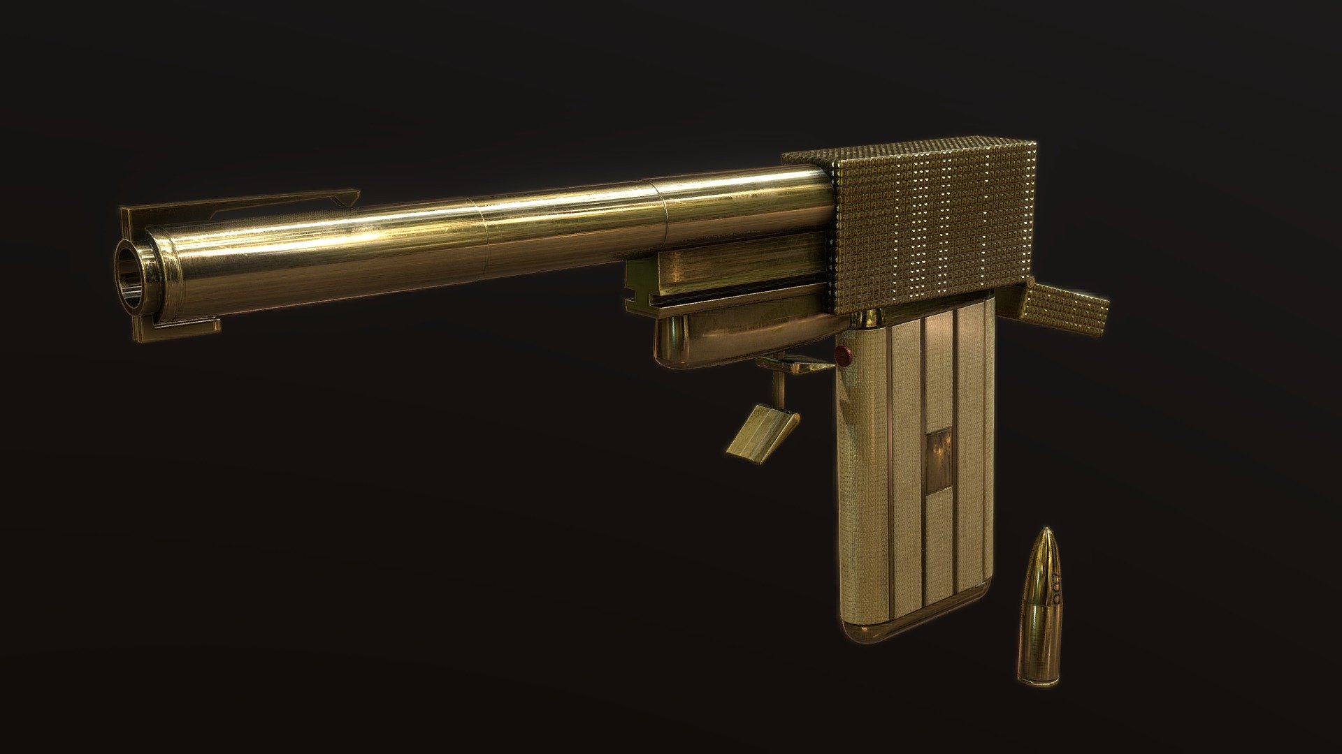 This is an accurate reconstruction of the 007 Golden Gun. Carefully studied with attention to detail.

The 3D Model has clean topology and is designed to be a low poly model with maximum details to the shape and silhouette. The model is fully textured with all materials applied. This is an optimized, high detailed model. 

Technical Details:

4K Textures (4096x4096 PNG format)
PBR Textures (Metallic Roughness)
OpenGL Normal Map
Baked High-poly to Low-poly
Game-Ready for AAA quality games

https://www.youtube.com/watch?v=2Cf_7qeNl5k&amp;ab_channel=CD3D

https://www.artstation.com/artwork/180mWG - 007 Golden Gun - 3D model by Chris Drelich (@CDrelich) 3d model