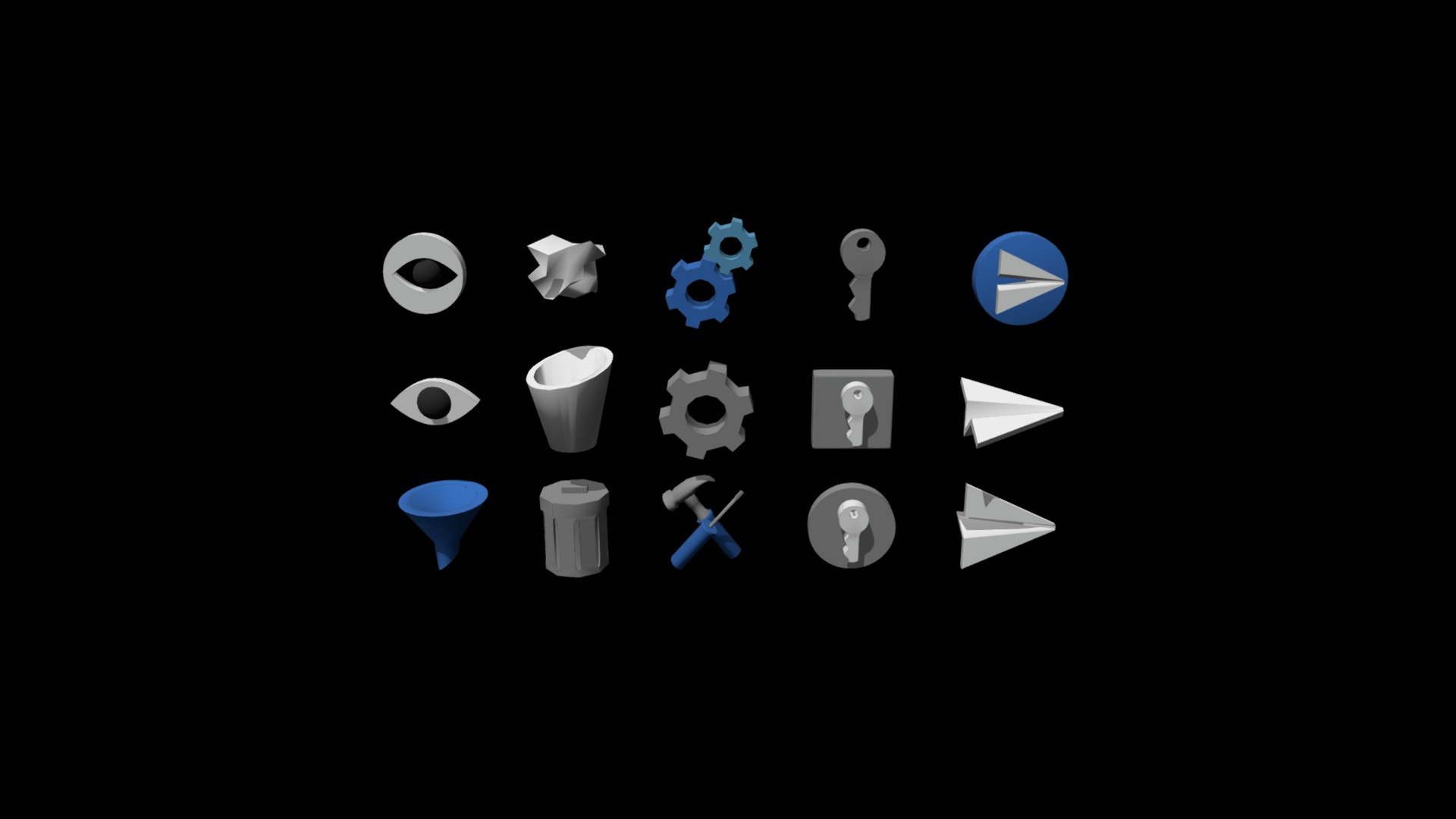 3D icons

Settings/ bin / send/ visible layer/ key /filter - 3D icond _Utilities /Settings - Buy Royalty Free 3D model by stPixel (@innasparrow) 3d model